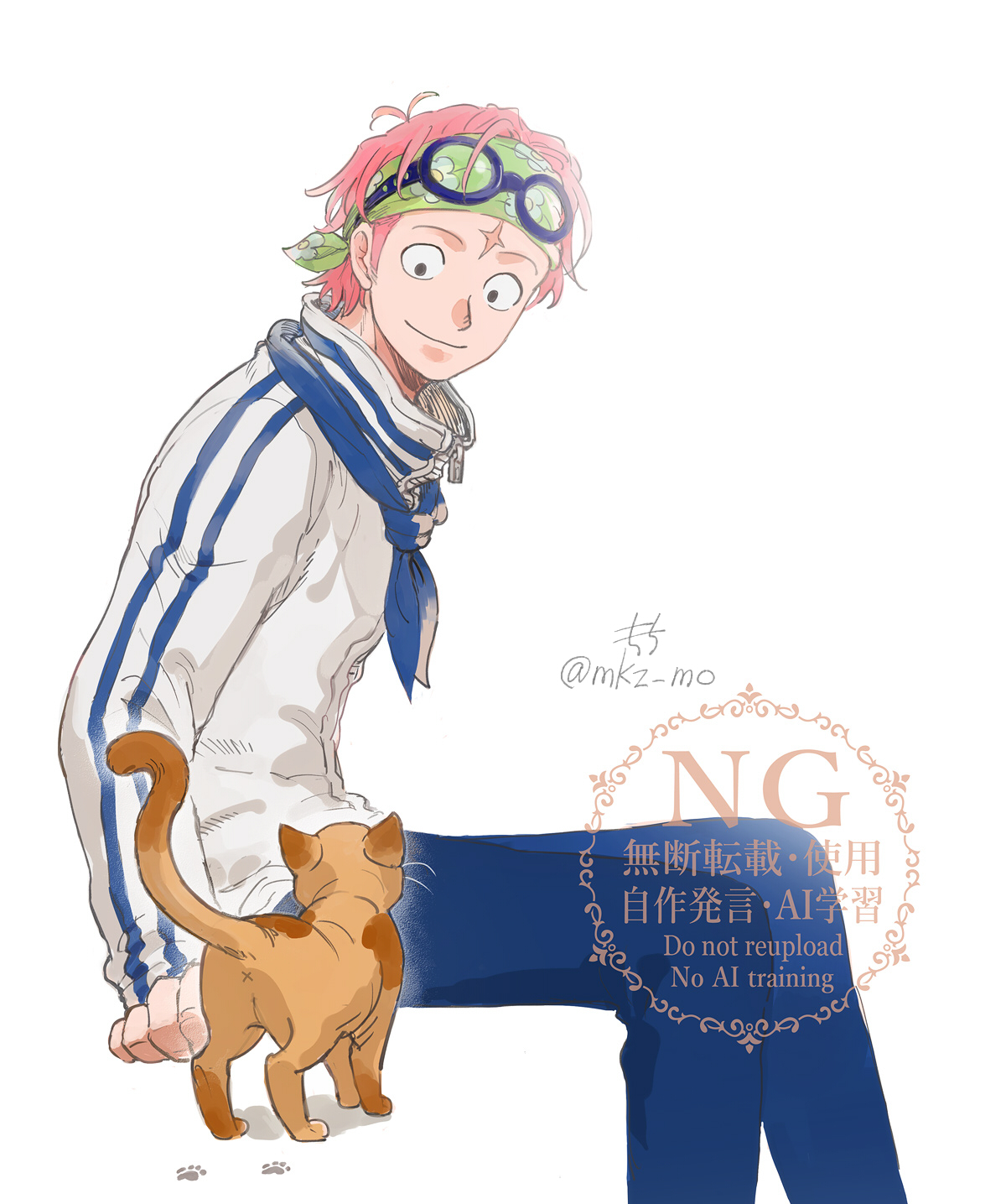 mocchi (mkz), koby (one piece), one piece, highres, 1boy, arm support, black eyes, blue neckerchief, blue pants, brown cat, goggles, goggles on head, jacket, long sleeves, looking at animal, male focus, neckerchief, pants, pawpads, pink hair, short hair, simple background, sitting, smile, solo, white background, white jacket, x anus