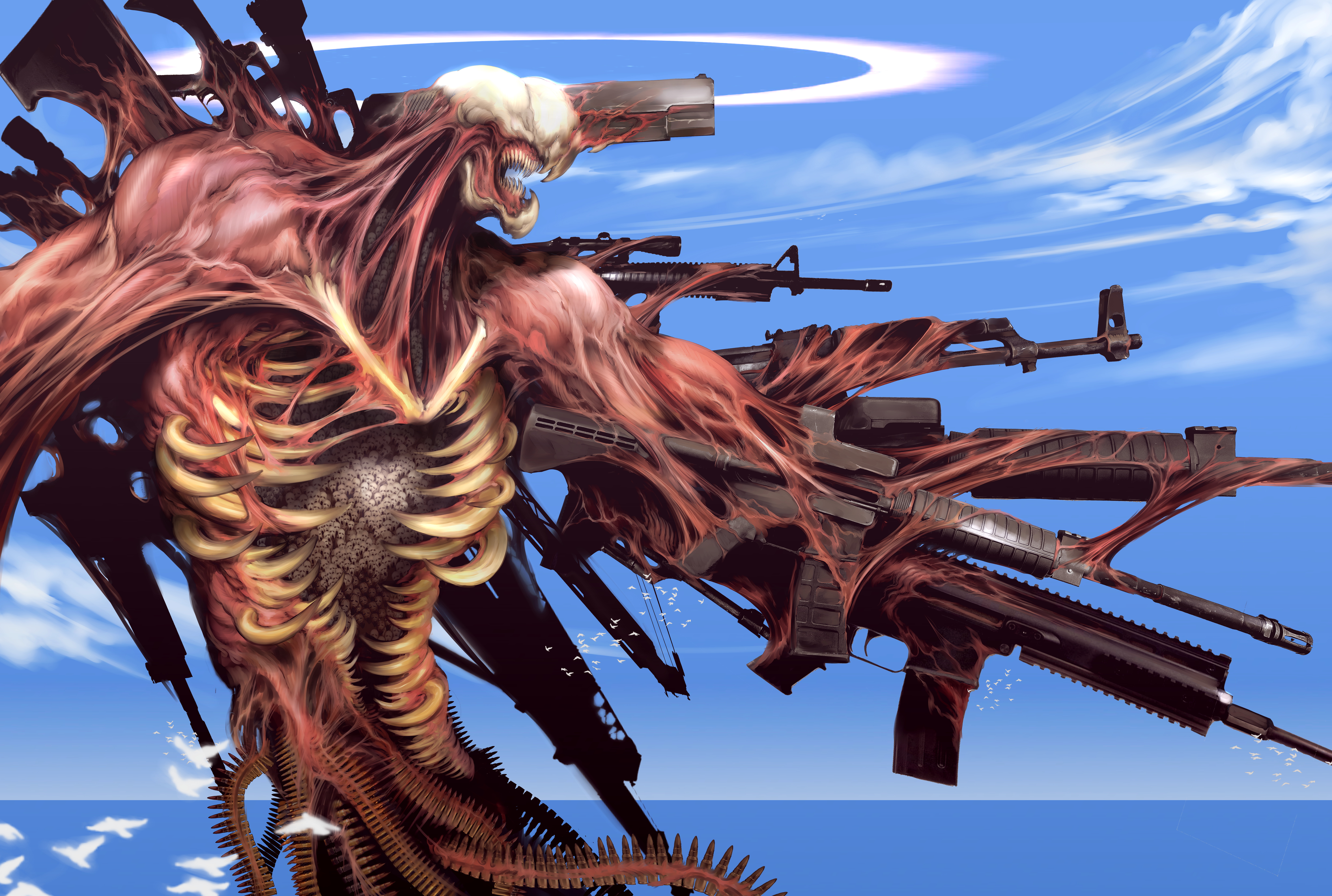 witnesstheabsurd, gun devil (chainsaw man), chainsaw man, absurdres, highres, 1other, ak-47, ammunition belt, assault rifle, cloud, giant, giant monster, gun, handgun, head-mounted gun, horizon, huge weapon, kalashnikov rifle, m16, m1911, monster, no skin, ocean, open mouth, rifle, sharp teeth, teeth, weapon