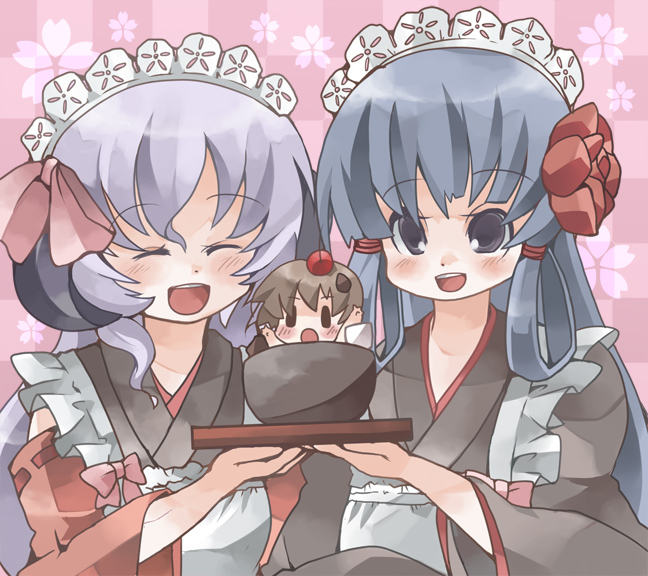 chachi, chachi (azuzu), furude rika, hanyuu, maebara keiichi, higurashi no naku koro ni, bad id, bad pixiv id, 00s, alternate costume, blue eyes, blue hair, bow, brown hair, closed eyes, enmaided, horns, japanese clothes, maid, miko, mini person, miniboy, purple hair, smile, wa maid