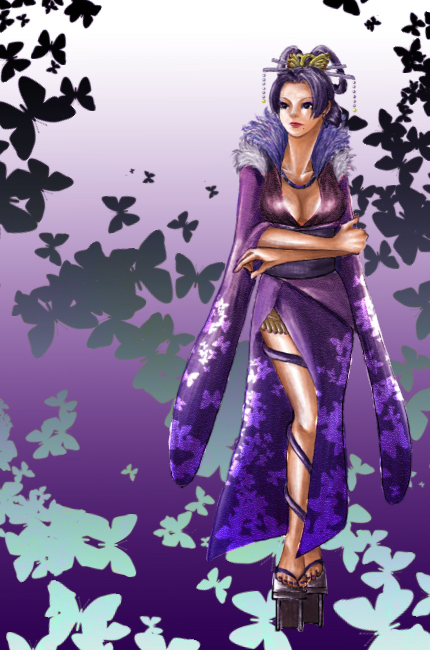 riepo, riepo (nitro bb), nouhime, nouhime (sengoku musou), sengoku musou, 1girl, black hair, breasts, cleavage, crossed arms, dress, female focus, full body, geta, hair ornament, hair rings, hair stick, large breasts, looking at viewer, nail polish, purple dress, sandals, short sleeves, solo, standing