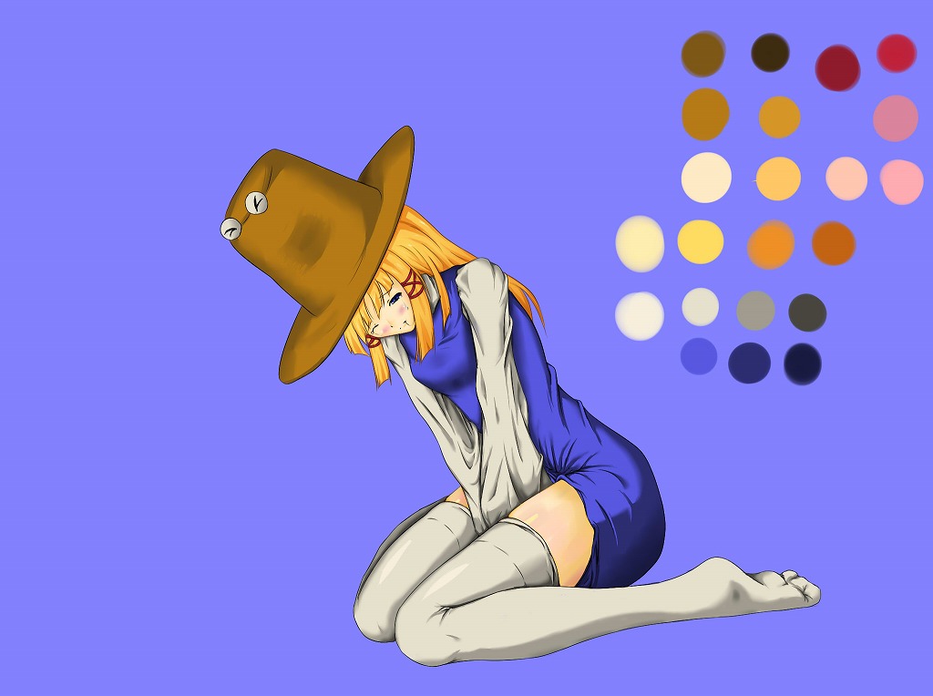 riwe, moriya suwako, touhou, 1girl, blonde hair, blush, dress, female focus, full body, hat, one eye closed, saliva, simple background, socks, solo, wink