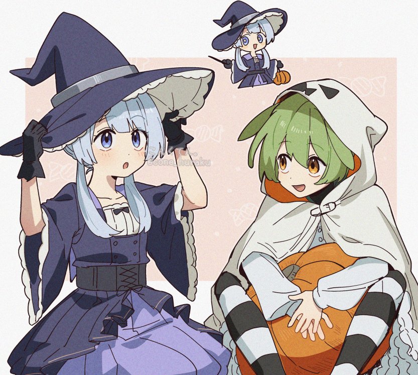 corn kuten, zundamon, voicevox, character request, commentary request, 2girls, :d, :o, animal ears, artist name, black gloves, blue dress, blue eyes, blue hair, blue hat, blush, border, dress, feet out of frame, gloves, green hair, halloween, hat, hood, hood up, hoodie, long hair, long sleeves, multiple girls, open mouth, outside border, pink background, pumpkin, sitting, smile, twitter username, white border, white hoodie, wide sleeves, witch hat