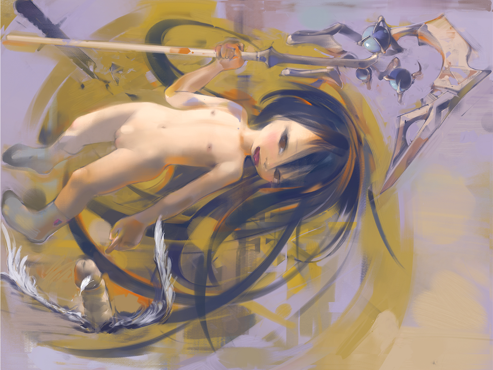 tetsumi, original, bad id, bad pixiv id, highres, 1girl, brown eyes, brown hair, flat chest, flying penis, loli, long hair, nipples, nude, penis, pussy, socks, solo, staff, winged penis