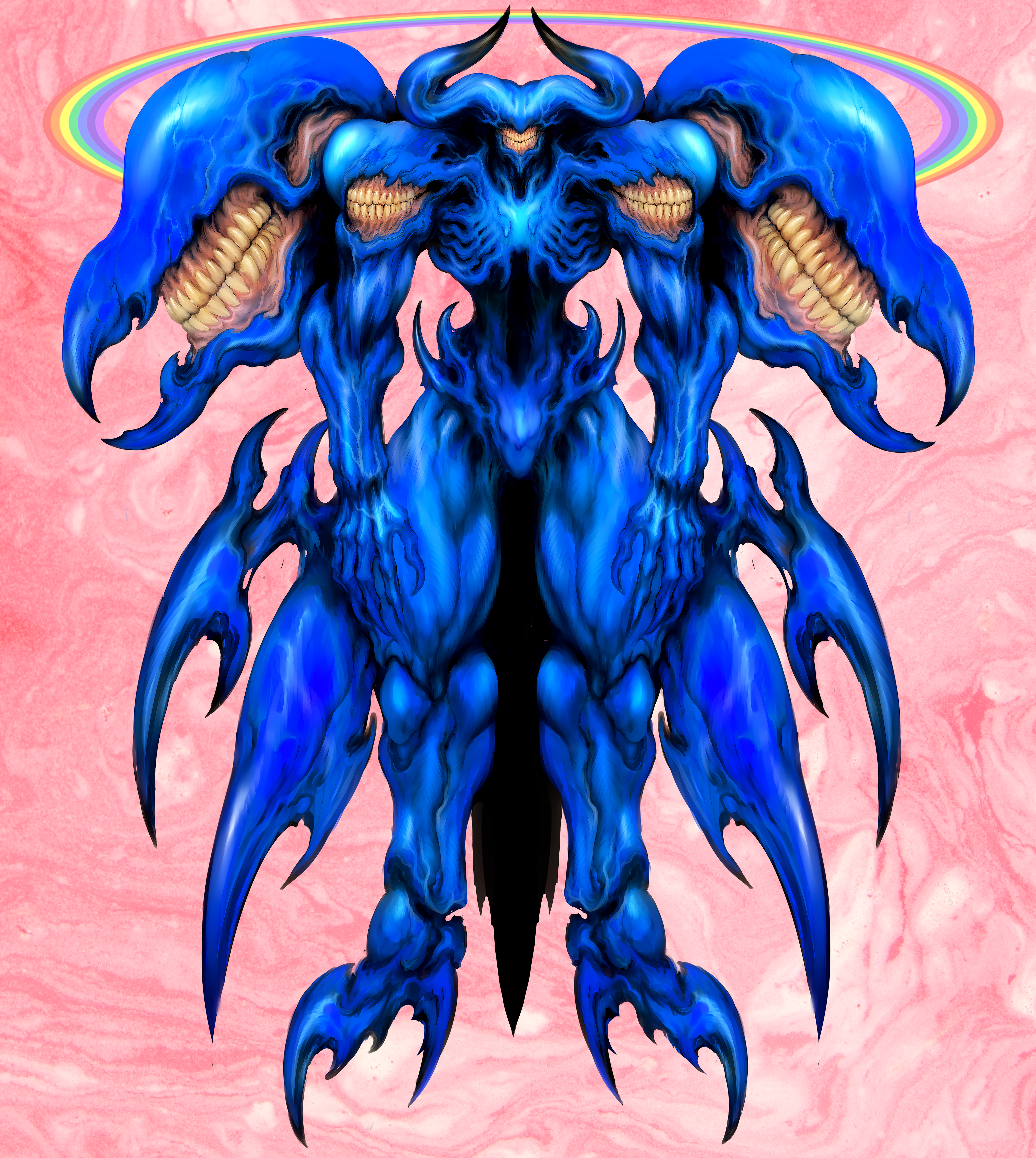witnesstheabsurd, original, absurdres, highres, 1other, blue skin, claws, clenched teeth, colored skin, crab claw, demon, demon horns, extra mouth, full body, halo, horns, monster, multicolored halo, muscular, narrow waist, no eyes, rainbow halo, solo, teeth, thick thighs, thighs