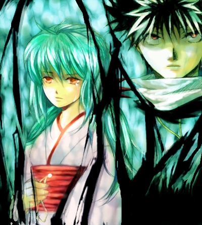 ss (curry 310), ss (mitarai), hiei, yukina (yu yu hakusho), yuu yuu hakusho, lowres, 1boy, 1girl, aqua hair, black hair, brother and sister, green hair, japanese clothes, kimono, long hair, red eyes, short hair, siblings, spiked hair, tears, yuki onna