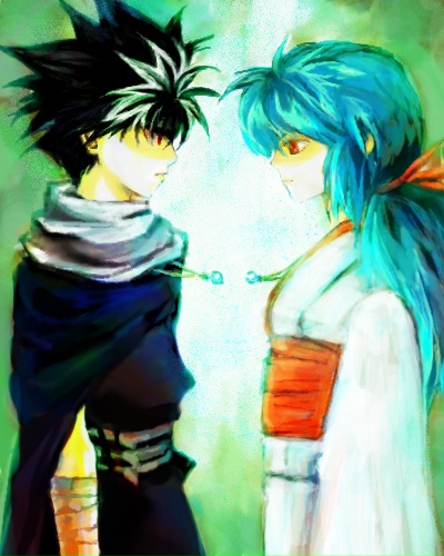 ss (curry 310), ss (mitarai), hiei, yukina (yu yu hakusho), yuu yuu hakusho, lowres, 1boy, 1girl, aqua hair, bandages, black hair, brother and sister, green hair, japanese clothes, kimono, long hair, profile, red eyes, short hair, siblings, spiked hair