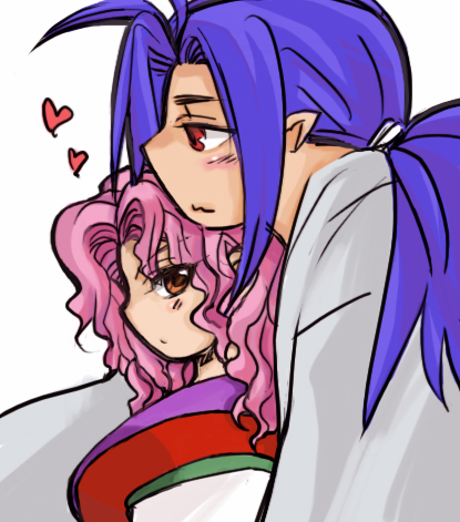 momo&a, genkai, shishiwakamaru, yuu yuu hakusho, lowres, 1boy, 1girl, aged down, blue hair, heart, orange eyes, pink hair, pointy ears, red eyes