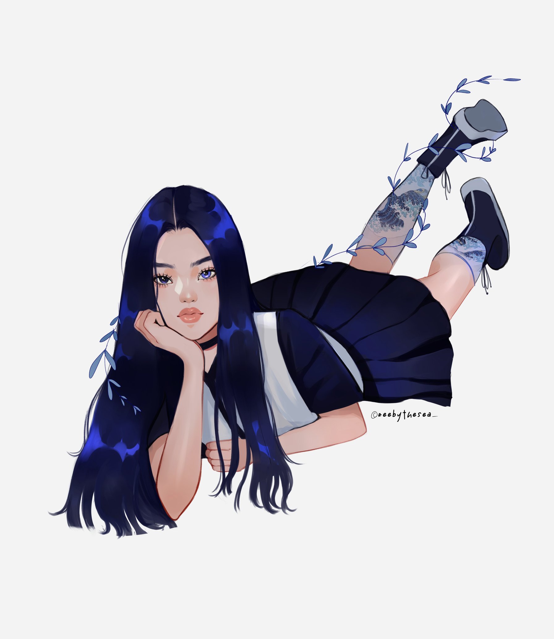 zeebythesea, umi (zeebythesea), kanagawa okinami ura, original, highres, 1girl, aegyo sal, asian, black choker, black eyes, black trim, blue boots, blue eyes, blue hair, blue leaf, blue skirt, blue sleeves, blunt ends, boots, choker, collared shirt, curled fingers, elbows on ground, eyelashes, fine art parody, full body, hair over shoulder, head rest, heterochromia, kneehighs, leg up, long hair, looking at viewer, lying, on stomach, parody, parted bangs, pleated skirt, shirt, short sleeves, simple background, skirt, socks, straight hair, thick eyebrows, thick lips, twitter username, white background, white shirt, white trim