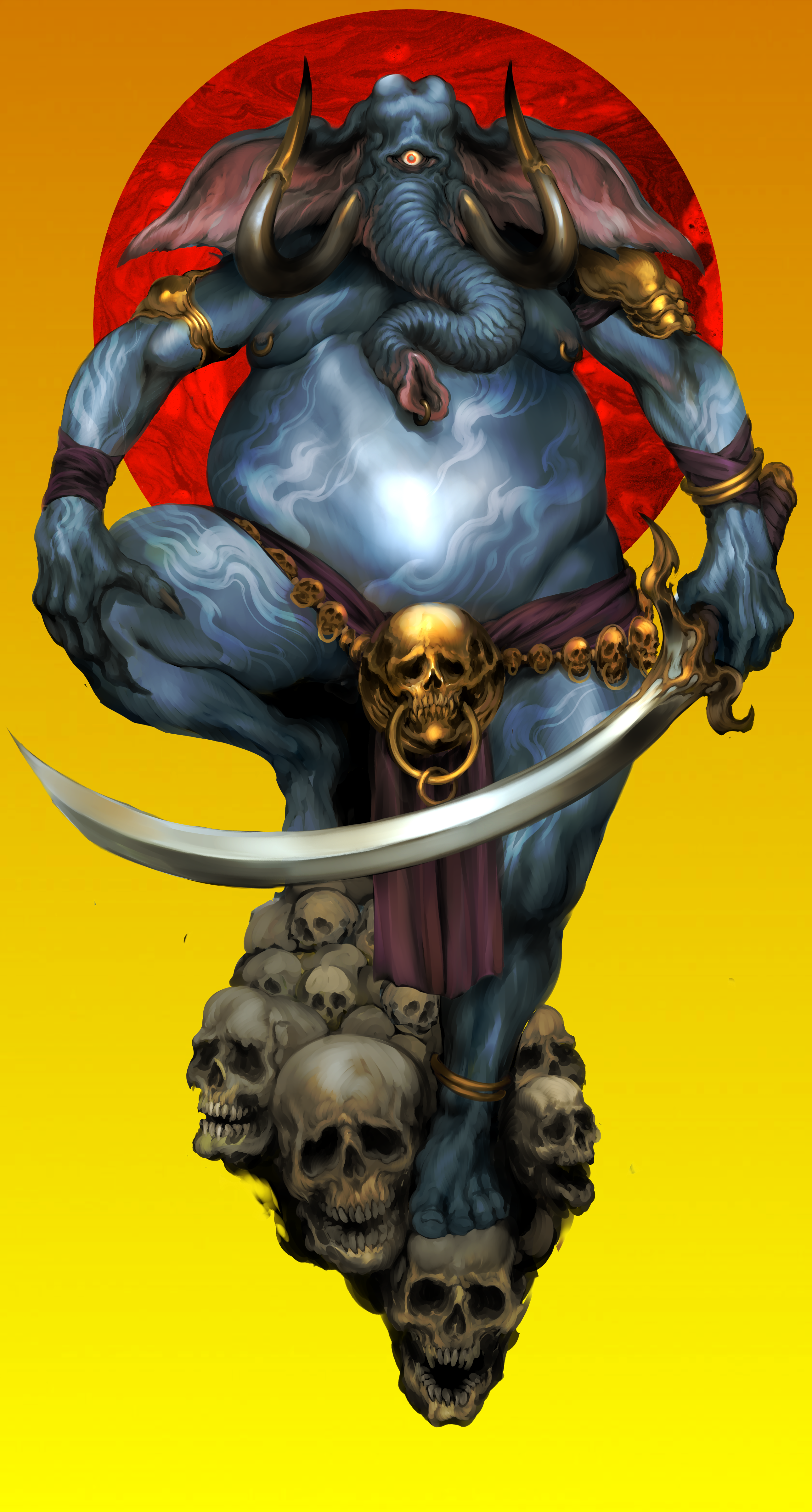 witnesstheabsurd, girimekhala (megami tensei), megami tensei, shin megami tensei, shin megami tensei i, absurdres, highres, anklet, blue skin, bracelet, colored skin, curled tusks, cyclops, demon, demon (megami tensei), elephant boy, full body, holding, holding sword, holding weapon, jewelry, large ears, looking at viewer, nipple piercing, one-eyed, piercing, saber (weapon), single shoulder pad, skull, skull belt, sword, trunk piercing, veins, veiny hands, weapon, yellow background