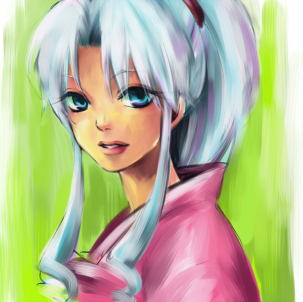 sten, sten (artist), botan (yu yu hakusho), yuu yuu hakusho, bad id, bad pixiv id, 1girl, blue eyes, blue hair, eyelashes, female focus, japanese clothes, kimono, lips, matching hair/eyes, ponytail, profile, simple background, solo, staring
