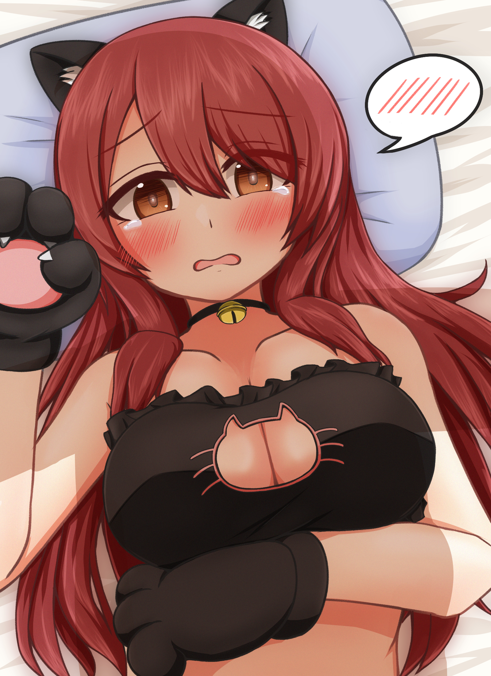 tetsuya00, osaki tenka, idolmaster, idolmaster shiny colors, commentary request, highres, 1girl, alternate costume, animal ears, animal hands, arm under breasts, bed sheet, bell, bikini, black bikini, black choker, blush, breasts, cat cutout, cat ears, cat paws, choker, cleavage cutout, clothing cutout, collarbone, fake animal ears, frilled bikini, frills, gloves, long hair, looking at viewer, lying, medium breasts, neck bell, on back, paw gloves, pillow, red hair, solo, spoken blush, straight hair, swimsuit, tearing up, tears, upper body, very long hair