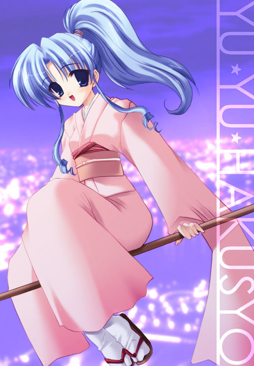 izumi makoto, botan (yu yu hakusho), yuu yuu hakusho, 1girl, blue eyes, blue hair, blurry, bokeh, depth of field, female focus, flying, holding, holding oar, japanese clothes, jiko shoukai ha zuiji koushin, kimono, long hair, matching hair/eyes, oar, ponytail, sandals, sidesaddle, socks, solo