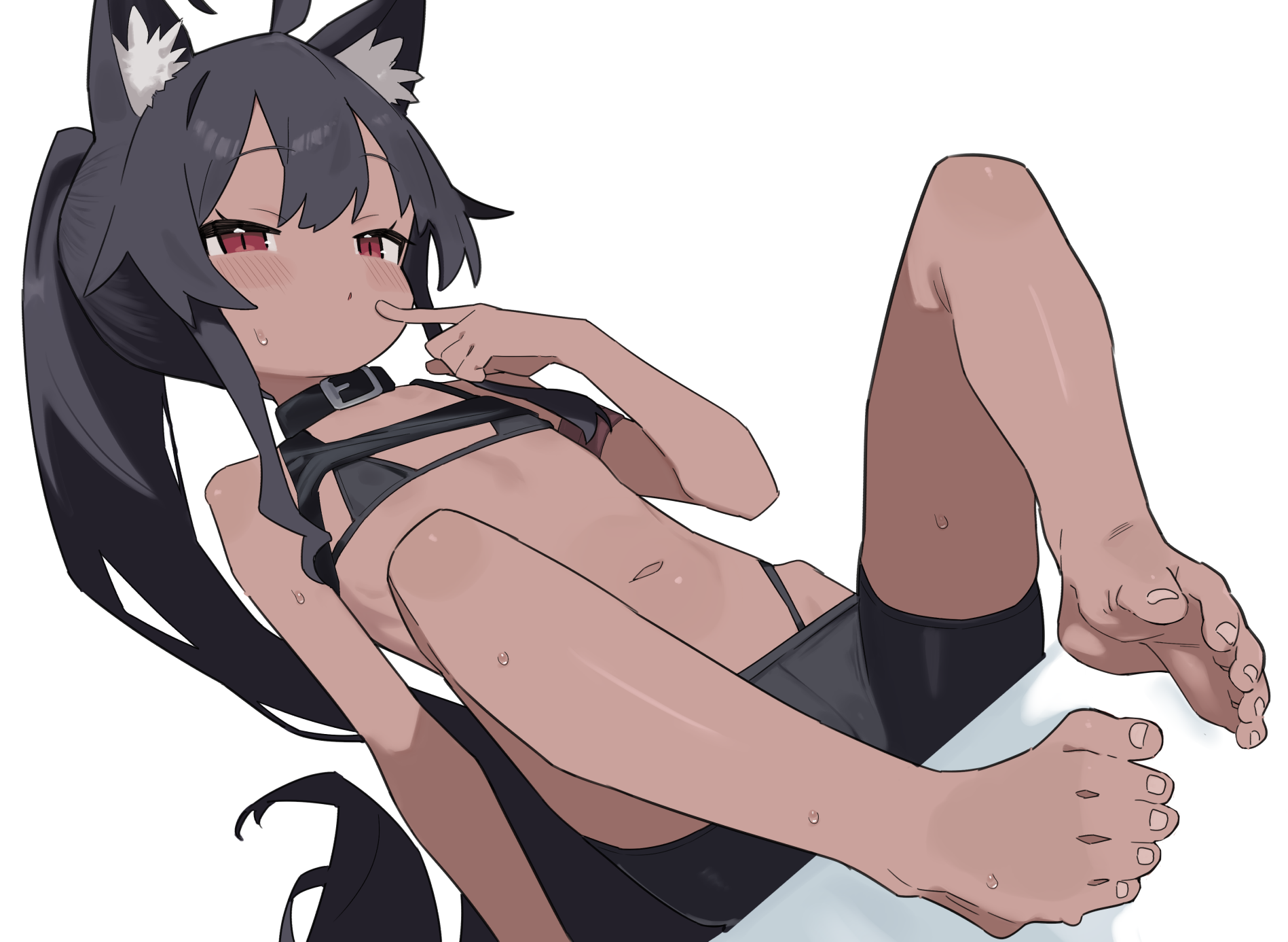 matcha (mattyan), original, commission, highres, pixiv commission, 1girl, animal ear fluff, animal ears, barefoot, bikini, black hair, borrowed character, cat ears, cat girl, dark-skinned female, dark skin, feet, flat chest, long hair, navel, ponytail, red eyes, solo, swimsuit, toes, very long hair