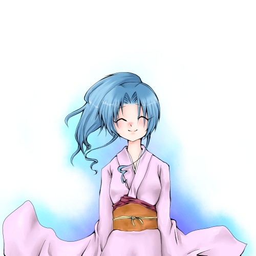 marimo danshaku, msan, botan (yu yu hakusho), yuu yuu hakusho, bad id, bad pixiv id, lowres, 1girl, blue hair, closed eyes, female focus, gradient background, japanese clothes, kimono, ponytail, smile, solo