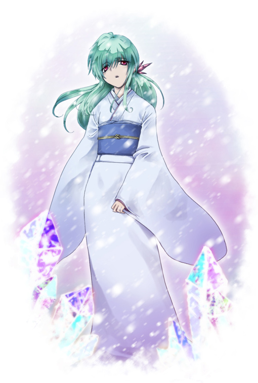 e-mi, hee mi, yukina (yu yu hakusho), yuu yuu hakusho, eyebrows, 1girl, aqua hair, female focus, green hair, hair ornament, ice, japanese clothes, kimono, long hair, long sleeves, looking at viewer, low ponytail, obi, ponytail, red eyes, sash, snow, snowing, solo, standing, white kimono, wide sleeves, yuki onna