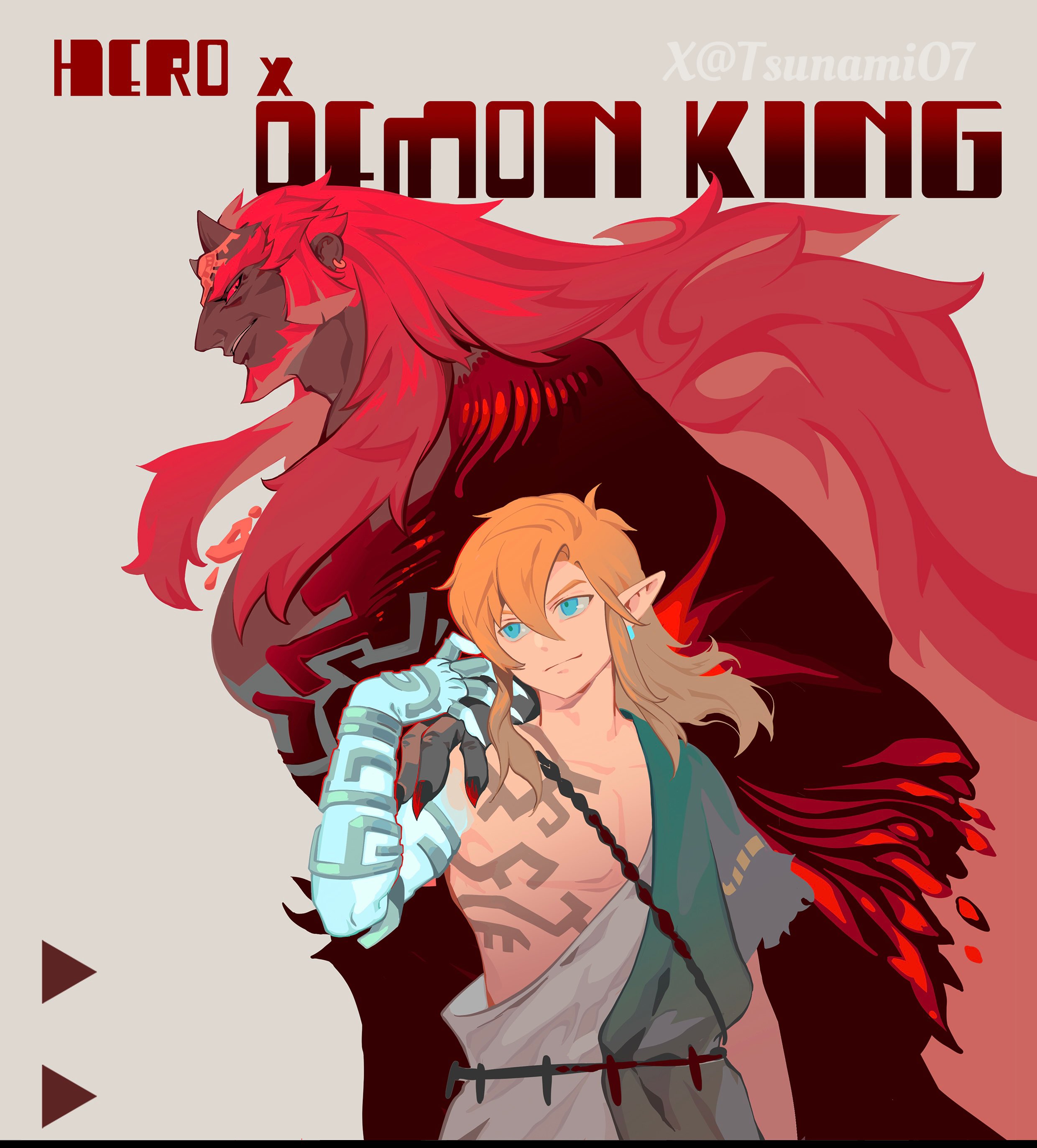 tsunamio7, ganondorf, link, nintendo, the legend of zelda, the legend of zelda: tears of the kingdom, absurdres, commentary request, highres, 2boys, blonde hair, blue eyes, colored sclera, dark-skinned male, dark skin, earrings, english text, grey background, hand on another's shoulder, jewelry, light smile, long hair, looking at another, looking to the side, male focus, multiple boys, muscular, muscular male, parted lips, pointy ears, red hair, red sclera, sideways glance, simple background, toned, toned male, twitter username