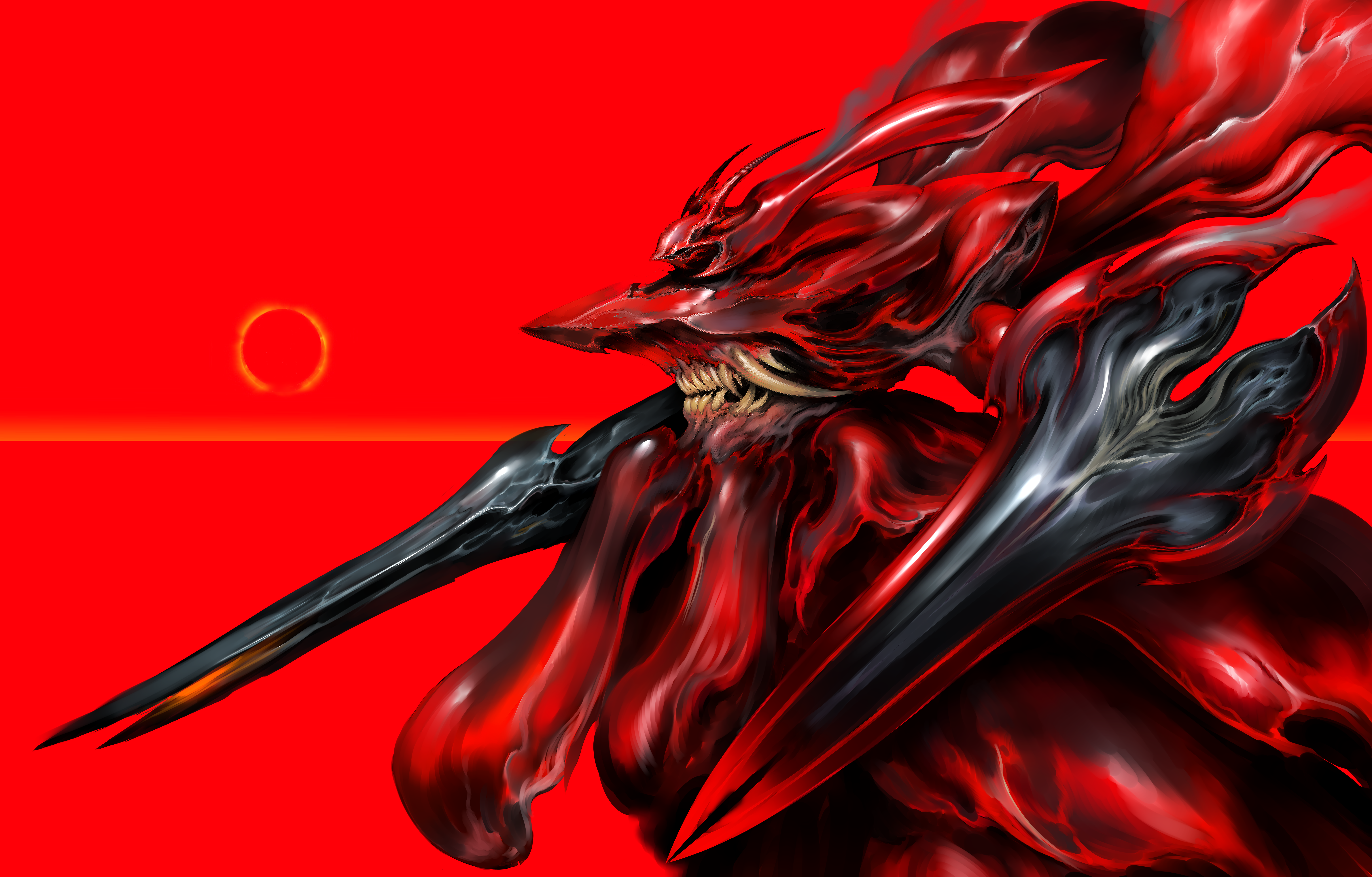 witnesstheabsurd, nightingale (gundam), char's counterattack, char's counterattack – beltorchika's children, gundam, absurdres, commentary, english commentary, highres, 1other, arm cannon, biomechanical, biopunk, chest mouth, horns, horror (theme), mecha, monster, monsterification, no humans, open mouth, red background, robot, science fiction, sharp teeth, shield, solo, teeth, tusks, weapon