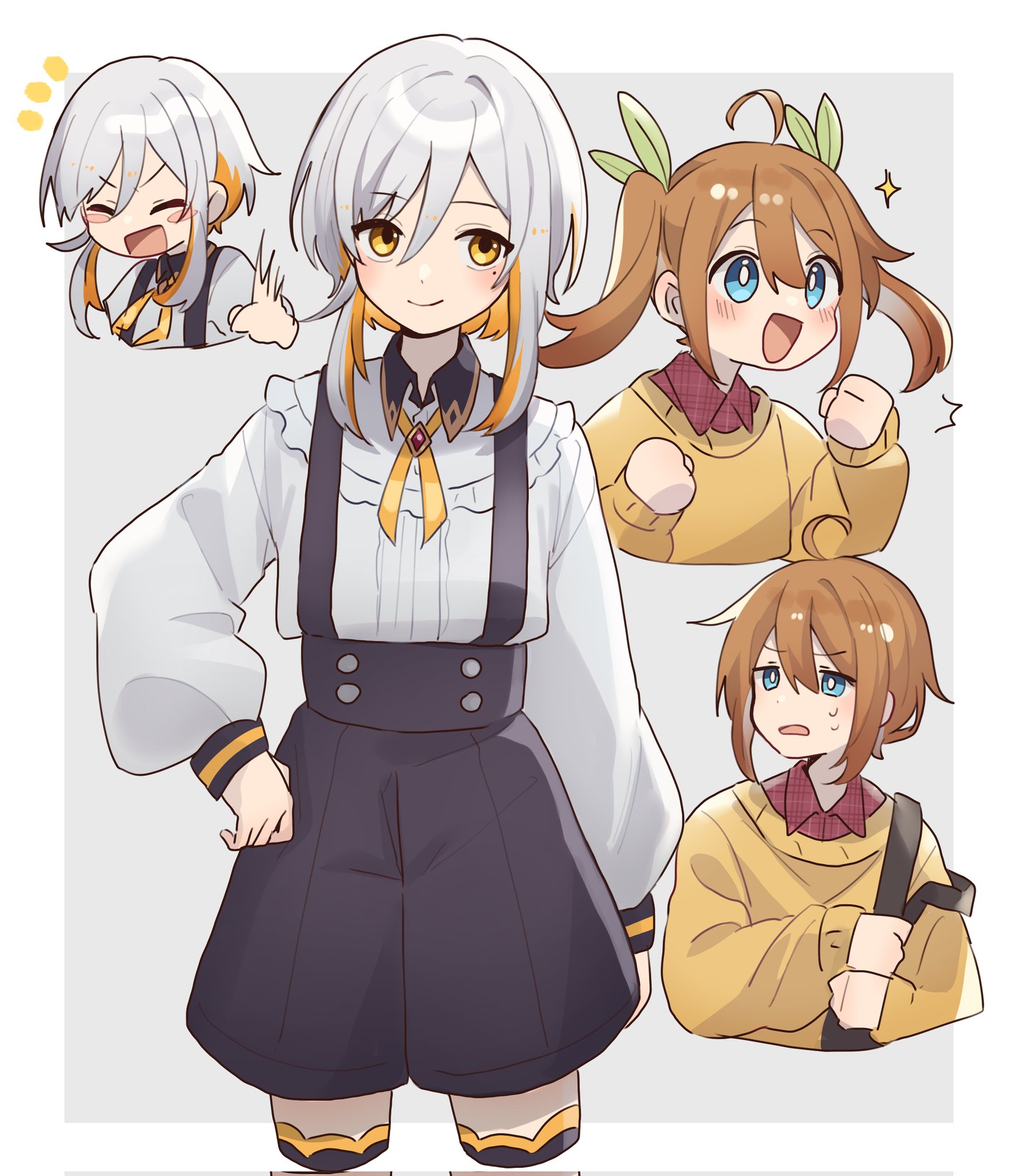 corn kuten, original, commentary request, corrupted twitter file, highres, 2girls, :d, ahoge, black shorts, blue eyes, blush, border, brown hair, closed mouth, collared shirt, contrast collar, cropped legs, cropped torso, double-parted bangs, green ribbon, grey background, grey hair, hair between eyes, hair ribbon, long hair, long sleeves, multicolored hair, multiple girls, multiple views, neck ribbon, open mouth, orange hair, outside border, ribbon, shirt, shorts, sidelocks, simple background, smile, suspender shorts, suspenders, sweater, twintails, two-tone hair, v-shaped eyebrows, white border, white shirt, wing collar, yellow eyes, yellow ribbon, yellow sweater