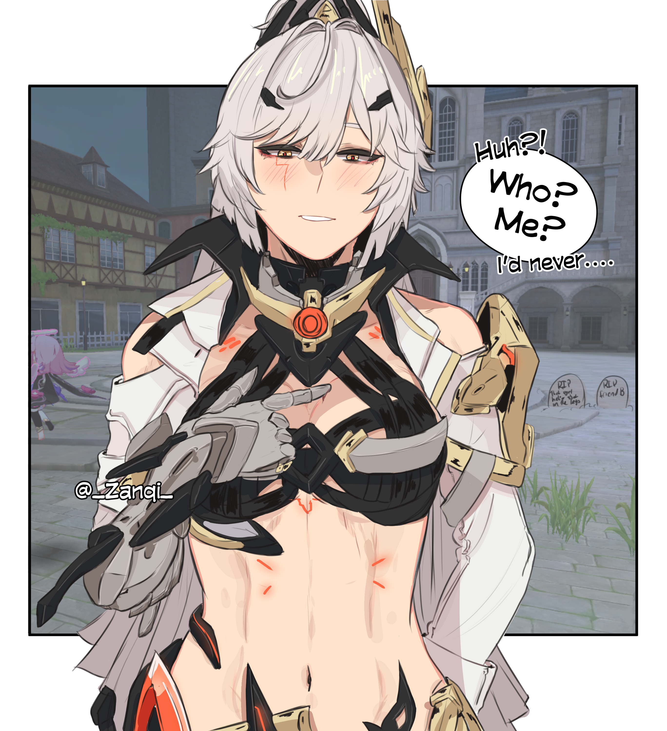 zanqi, elf elysia, erdos helia, erdos helia (planar armament: warped spacetime), honkai (series), honkai impact 3rd, absurdres, commentary, english commentary, highres, 2girls, artist name, border, breasts, gauntlets, grey hair, long hair, looking at viewer, medium breasts, multiple girls, navel, solo focus, stomach, tombstone, upper body, white border, yellow eyes