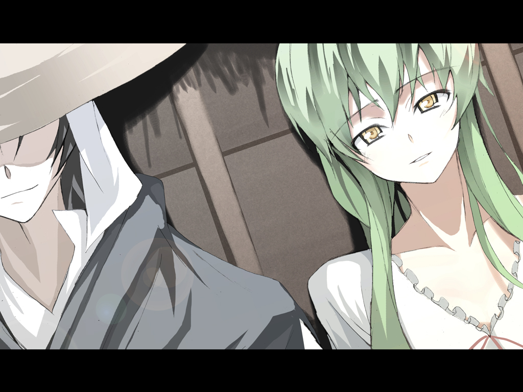 kasuga ayumu (artist), kasuga ayumu (haruhipo), c.c., lelouch vi britannia, code geass, bad id, bad pixiv id, 00s, 1boy, 1girl, green hair, long hair, smile