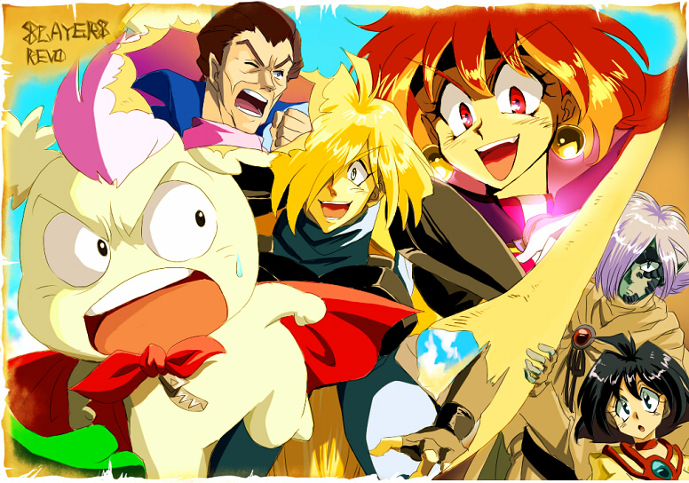 yumemi, amelia wil tesla seyruun, gourry gabriev, lina inverse, pokota, pokota (slayers), wizer, wizer freion, zelgadiss graywords, slayers, 2girls, 3boys, blonde hair, bow, bowtie, copyright name, earrings, jewelry, looking at viewer, monster, multiple boys, multiple girls, red bow, red bowtie, red eyes, shaded face, sweatdrop, wide-eyed
