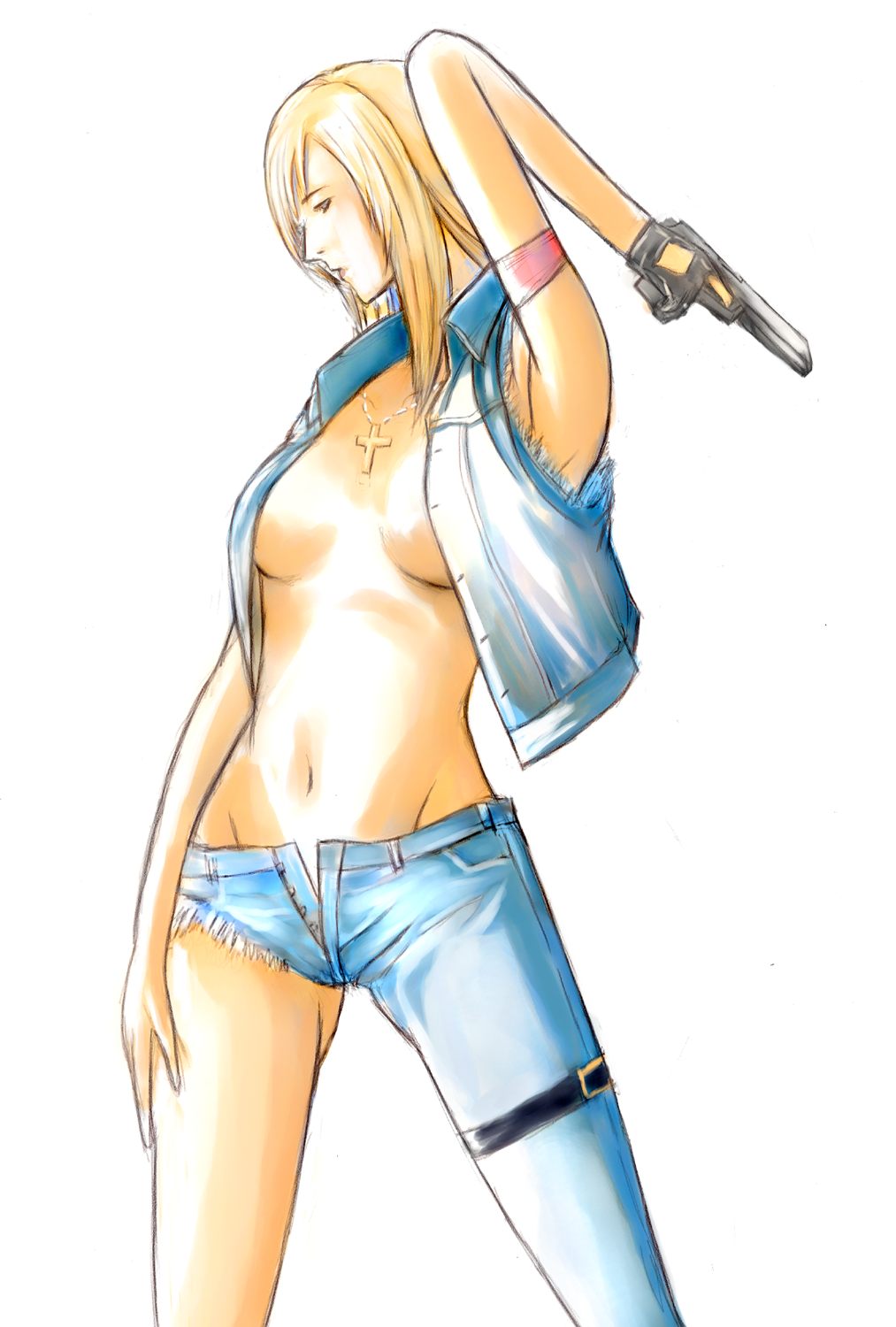 furubokko, aya brea, parasite eve (series), parasite eve i, hand on thigh, bad id, bad pixiv id, highres, 1girl, armband, armpits, artistic error, asymmetrical clothes, blonde hair, cross, cutoffs, denim, female focus, groin, gun, handgun, jeans, jewelry, leg belt, necklace, no bra, open clothes, open shirt, pants, pistol, profile, semi-automatic pistol, shirt, simple background, single pantsleg, solo, thigh strap, torn clothes, torn jeans, torn pants, unbuttoned, vest, weapon
