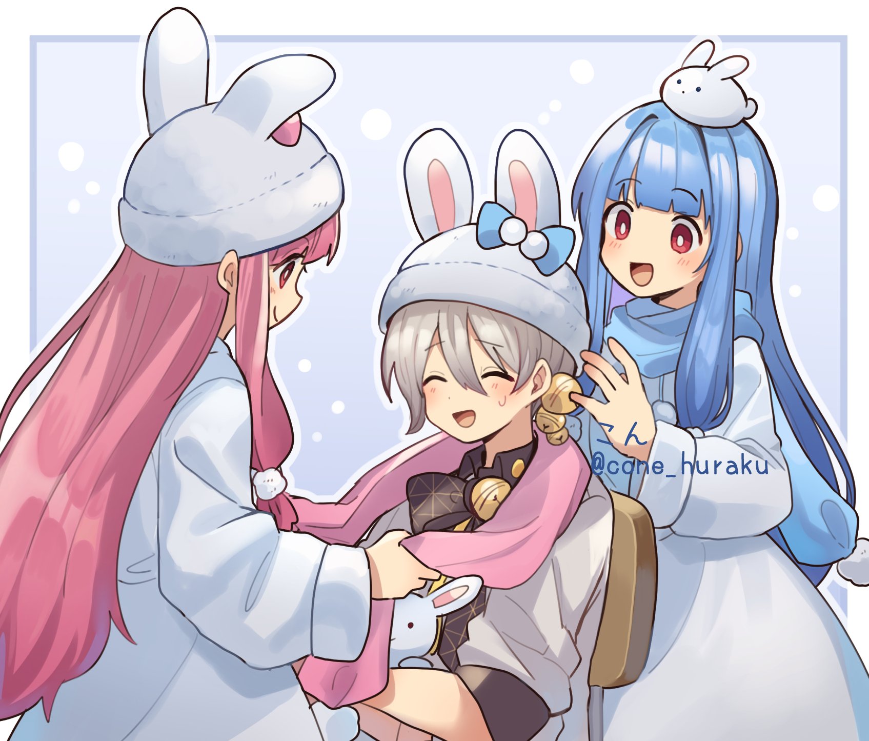corn kuten, iori yuzuru, kotonoha akane, kotonoha aoi, voiceroid, commentary request, highres, 3girls, :d, ^ ^, animal hat, artist name, bell, blue hair, blue scarf, blunt bangs, blush, border, bright pupils, closed eyes, closed mouth, dress, grey hair, hair bell, hair between eyes, hair ornament, hat, long hair, long sleeves, multiple girls, open mouth, outline, outside border, pink hair, pink scarf, purple background, rabbit hat, red eyes, scarf, short hair, smile, snowflakes, twitter username, upper body, white border, white dress, white hat, white outline, white pupils