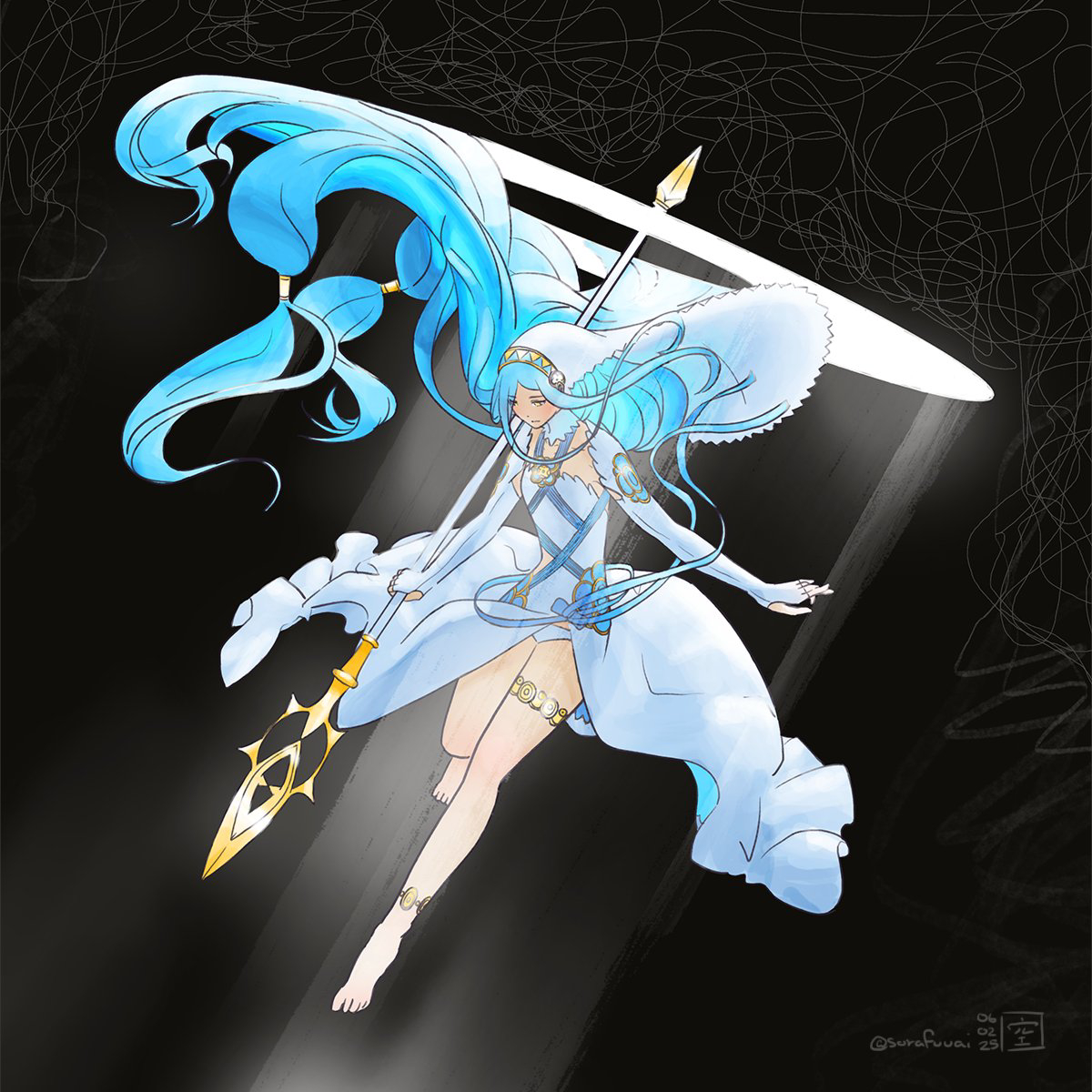 sorafuuai, azura (fire emblem), fire emblem, fire emblem fates, nintendo, highres, 1girl, bare legs, barefoot, blue hair, elbow gloves, fingerless gloves, gloves, hair between eyes, holding, holding polearm, holding weapon, jewelry, long hair, panties, pendant, polearm, solo, underwear, very long hair, weapon, white panties