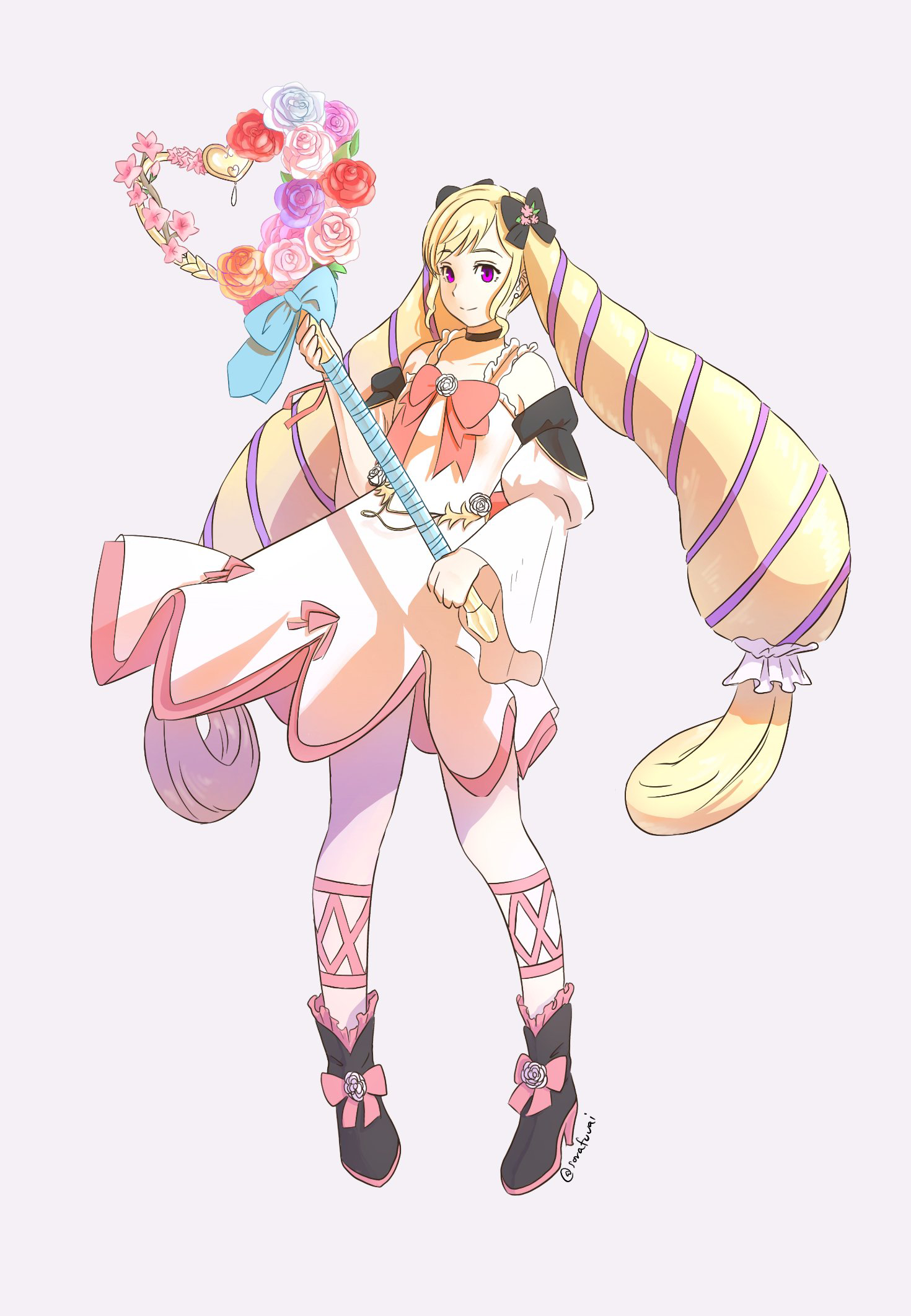 sorafuuai, elise (fire emblem), fire emblem, fire emblem fates, nintendo, highres, 1girl, alternate costume, blonde hair, boots, bow, drill hair, hair bow, purple eyes, purple hair, solo, twin drills, twintails
