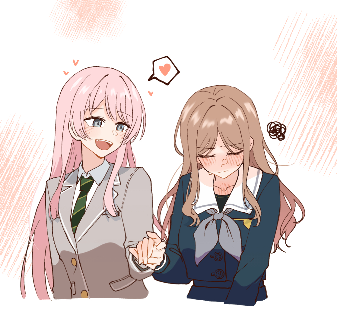 chihaya anon, nagasaki soyo, bang dream!, bang dream! it's mygo!!!!!, commentary request, korean commentary, 2girls, blue shirt, blush, brown hair, closed eyes, closed mouth, collared shirt, diagonal-striped clothes, diagonal-striped necktie, full-face blush, green necktie, grey eyes, grey jacket, haneoka school uniform, holding hands, jacket, long hair, multiple girls, necktie, open mouth, pink hair, school uniform, shirt, sidelocks, squiggle, striped clothes, sweat, teeth, tissut 0123, tsukinomori school uniform, upper teeth only, yuri