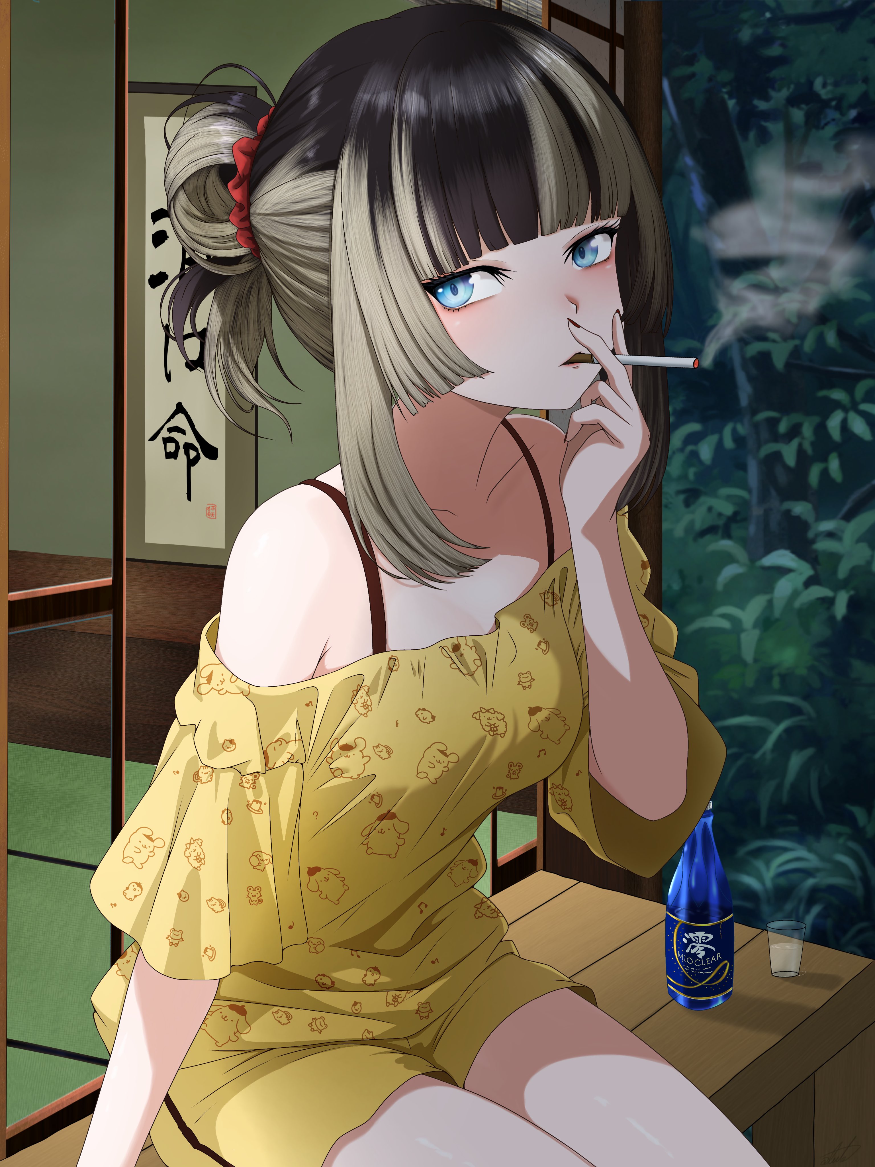 kuroiaruto, juufuutei raden, hololive, hololive dev is, absurdres, commentary request, highres, 1girl, black hair, blue eyes, bottle, calligraphy, cigarette, collarbone, cup, hair bun, holding, holding cigarette, indoors, looking at viewer, multicolored hair, off-shoulder shirt, off shoulder, shirt, shorts, sitting, smoking, solo, streaked hair, tatami, two-tone hair, virtual youtuber, white hair, yellow shirt, yellow shorts