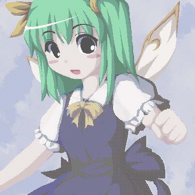 fukaiton, daiyousei, embodiment of scarlet devil, touhou, lowres, open in internet explorer, 1girl, blue background, blush, dress, female focus, green hair, nude, oekaki, pinafore dress, ponytail, ribbon, sleeveless dress, solo, wings