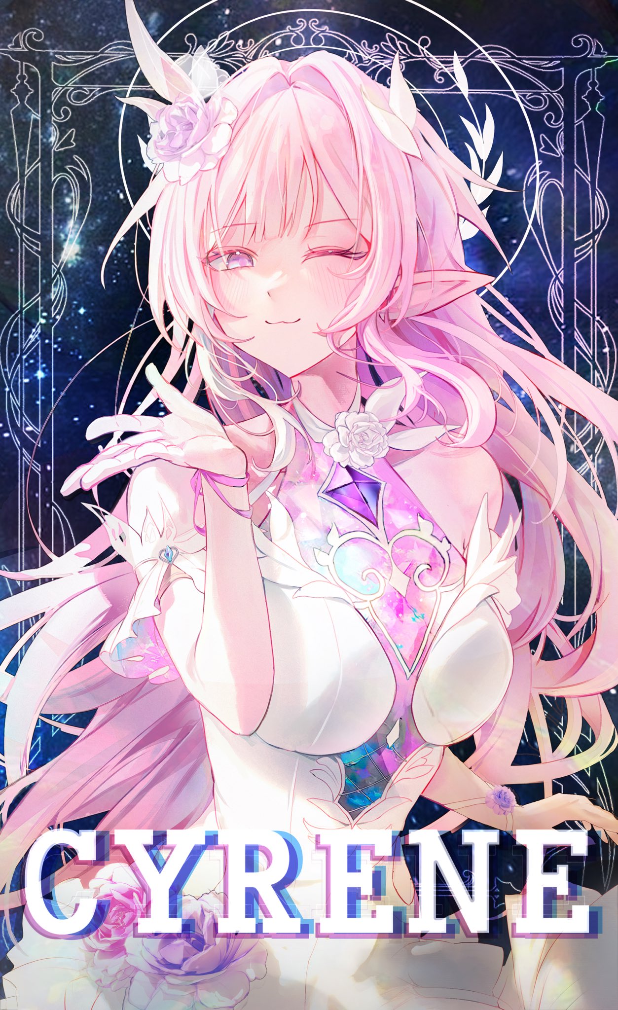 cyrene (honkai: star rail), cyrene (ripples of past reverie) (honkai: star rail), honkai: star rail, honkai (series), commentary, highres, symbol-only commentary, 1girl, ;), bare shoulders, breasts, character name, dress, flower, hair flower, hair ornament, halo, large breasts, long hair, looking at viewer, ochamul, one eye closed, pink hair, pointy ears, purple eyes, sky, smile, solo, star (sky), starry sky, very long hair, white dress