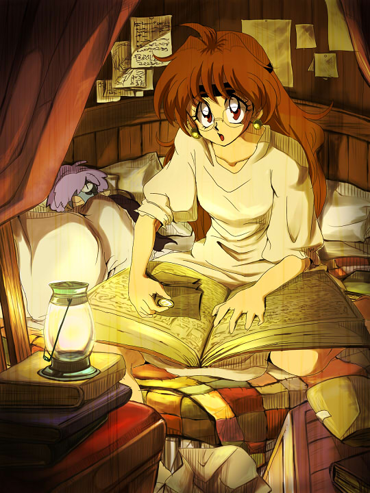 yumemi, amelia wil tesla seyruun, lina inverse, zelgadiss graywords, j.c. staff, slayers, light, 1boy, 2girls, bespectacled, book, earrings, glasses, headband, jewelry, long hair, multiple girls, sleeping, toy