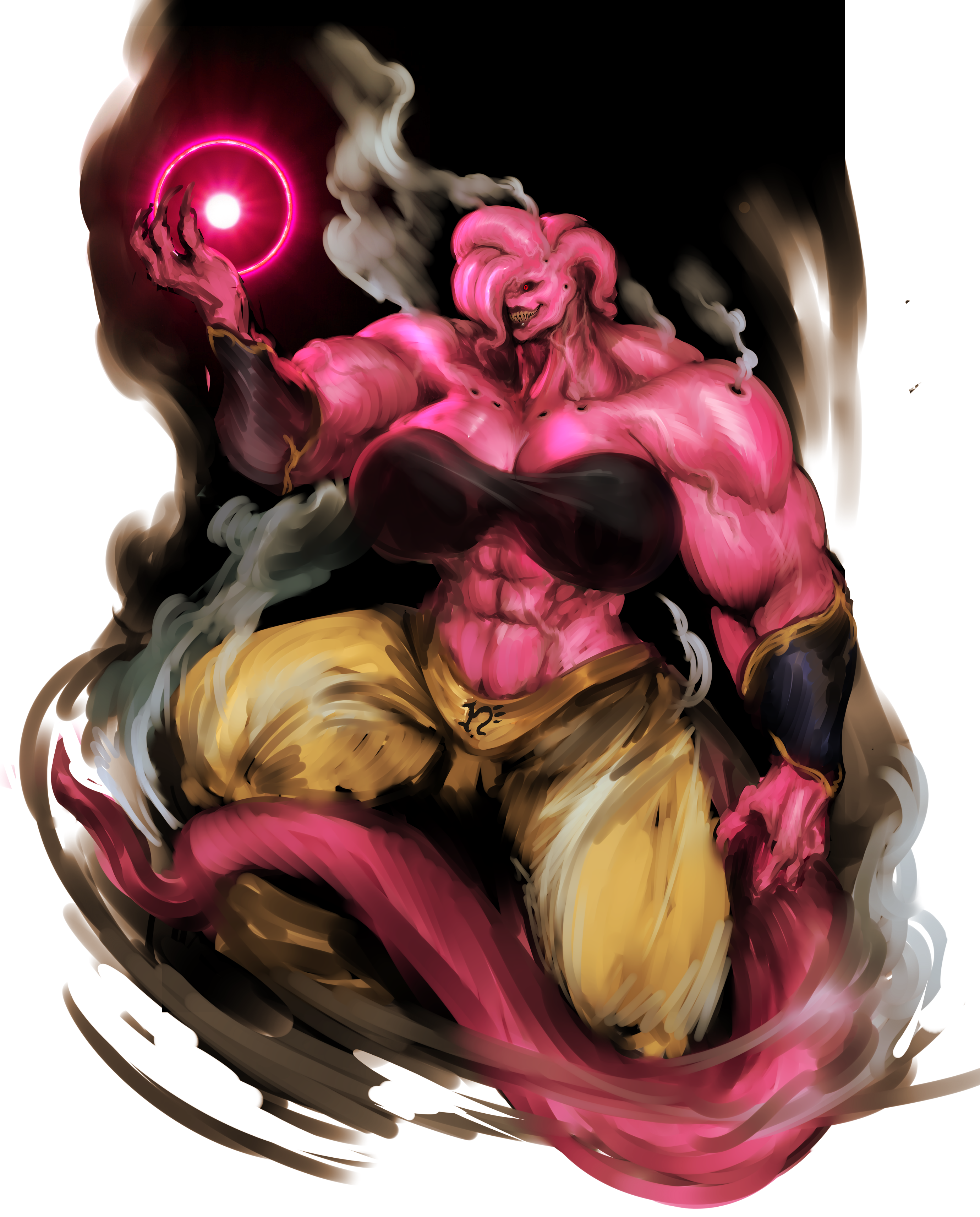 witnesstheabsurd, female majin, dragon ball, dragonball z, original, absurdres, highres, 1girl, breasts, clenched teeth, colored skin, energy, energy ball, full body, grin, huge breasts, long tail, pants, pink skin, red eyes, smile, smoke, tail, teeth, tentacle hair, yellow pants
