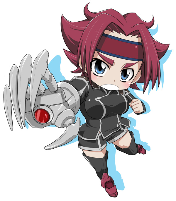 miyakodori takayuki, kouzuki kallen, code geass, 00s, chibi, headband, order of the black knights uniform, red hair, short hair, solo, thighhighs