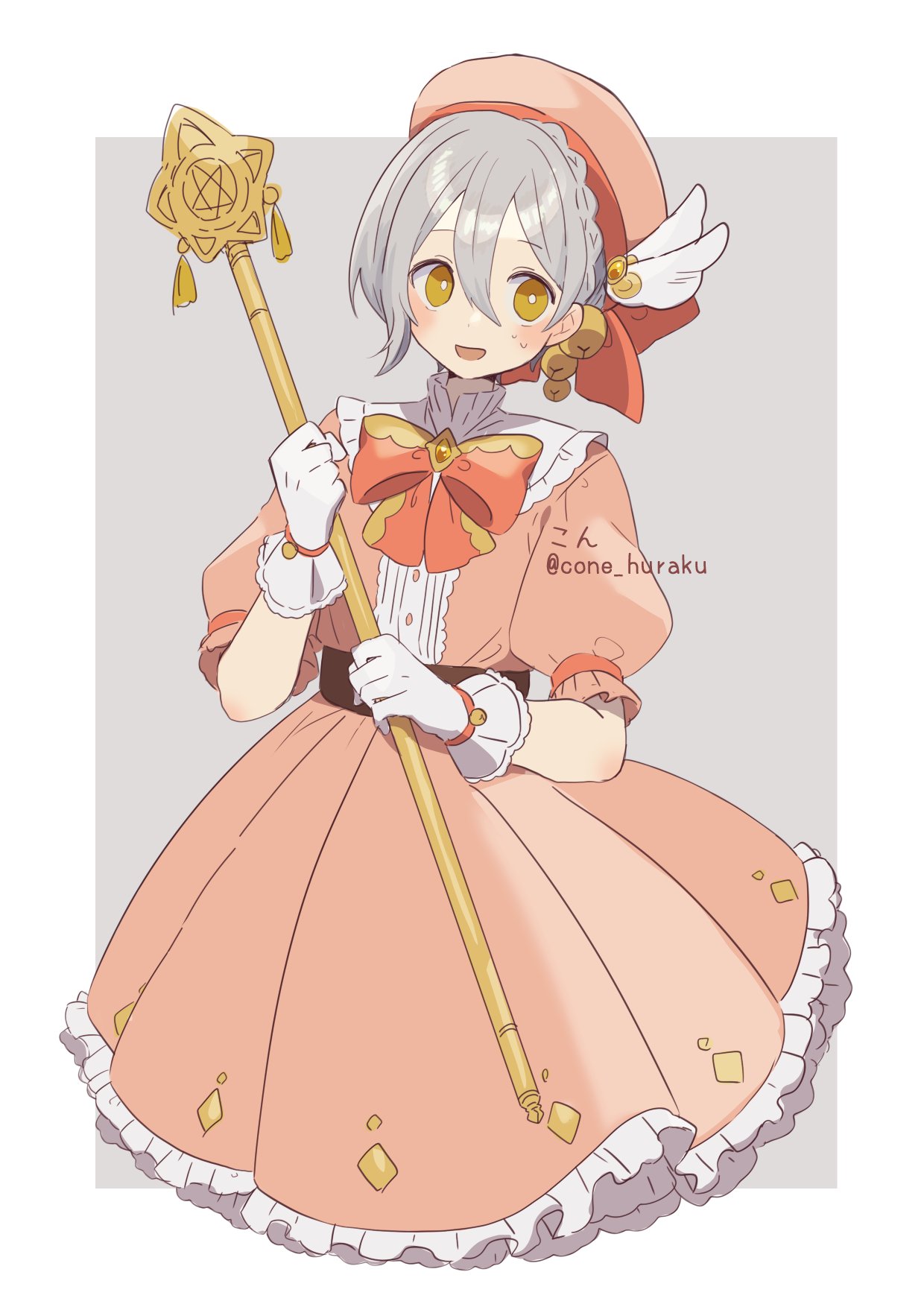 corn kuten, iori yuzuru, voiceroid, commentary request, highres, 1girl, :d, artist name, bell, blush, border, bow, bowtie, bright pupils, cropped legs, double-parted bangs, dress, frilled dress, frills, gloves, grey background, grey hair, hair bell, hair between eyes, hair ornament, hat, holding, holding wand, looking at viewer, open mouth, outside border, pink dress, pink hat, red bow, red bowtie, short hair, short sleeves, simple background, smile, solo, twitter username, wand, white border, white gloves, white pupils, yellow eyes