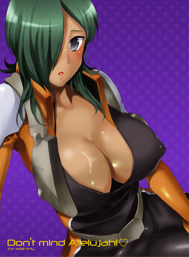 belluch, konnyakuyukko, allelujah haptism, gundam, gundam 00, pilot suit, gender request, 00s, 1girl, blush, breasts, cleavage, dark-skinned female, dark skin, female focus, genderswap, green hair, grey eyes, hair over one eye, huge breasts, open mouth, saliva, solo
