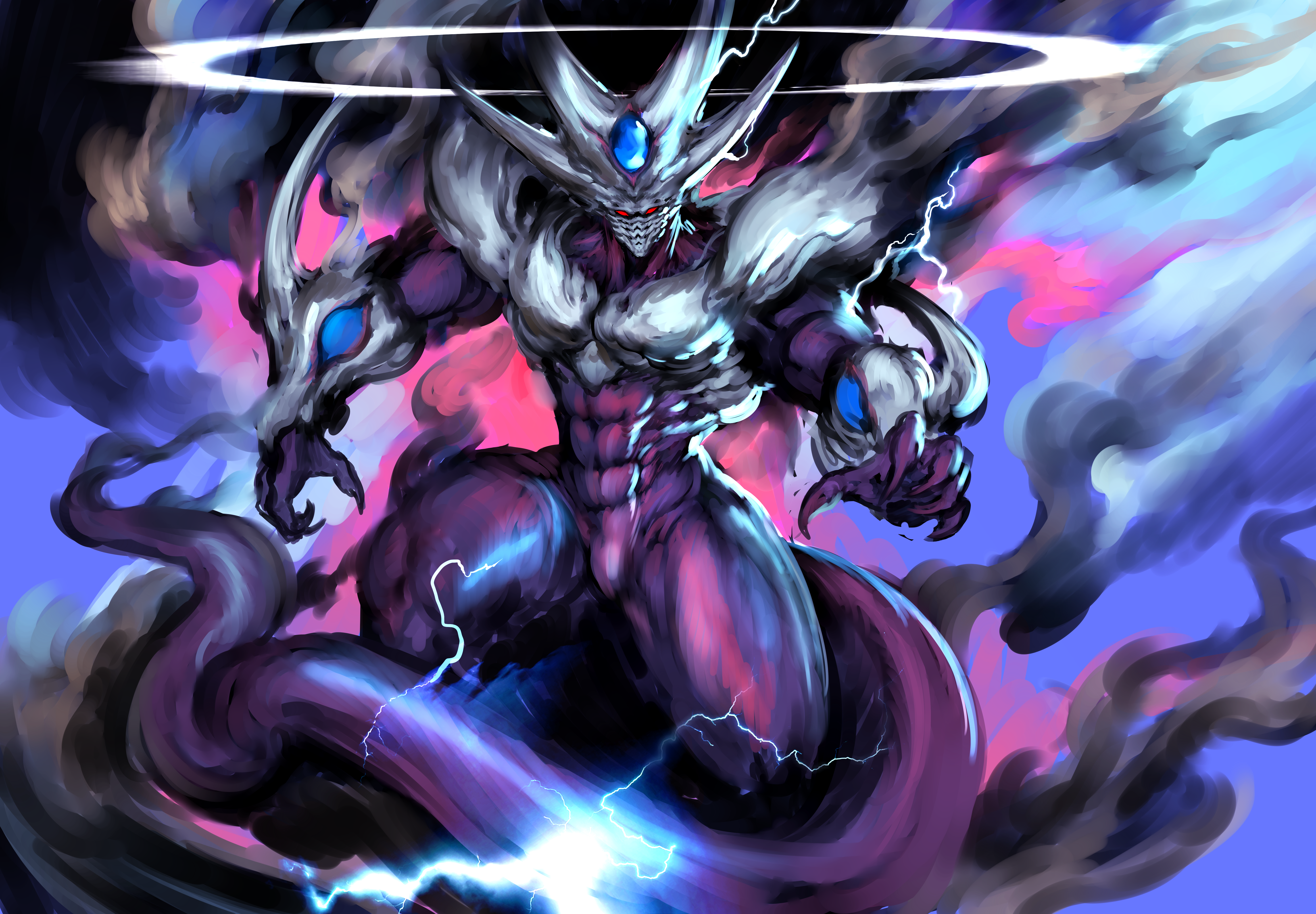 witnesstheabsurd, cooler (dragon ball), dragon ball, dragonball z, absurdres, highres, 1boy, abs, alien, arm blade, armor, bulge, clawed hands, colored skin, cooler (fifth form) (dragon ball), forehead jewel, halo, long tail, male focus, muscular, muscular male, purple skin, red eyes, smoke, solo, tail, weapon, white halo
