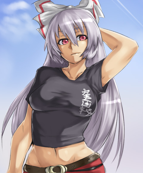 houtengeki, fujiwara no mokou, touhou, silver hair, translation request, 1girl, alternate costume, arm behind head, breasts, clothes writing, contemporary, female focus, impossible clothes, impossible shirt, large breasts, long hair, midriff, navel, red eyes, ribbon, shirt, solo, t-shirt