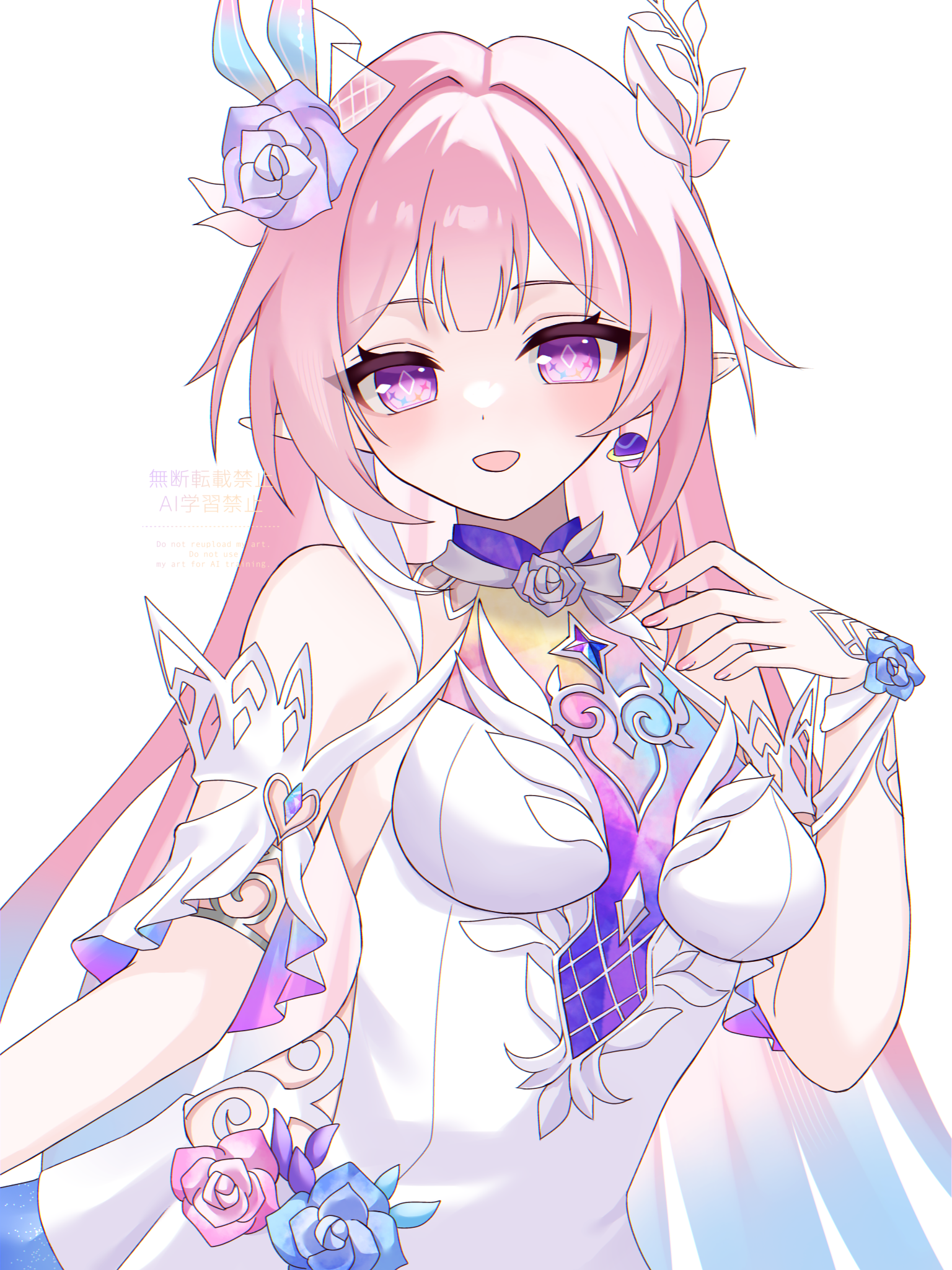 kino (curry pan), cyrene (honkai: star rail), cyrene (ripples of past reverie) (honkai: star rail), honkai: star rail, honkai (series), commentary request, highres, 1girl, bare shoulders, blue hair, blush, breasts, diamond-shaped pupils, diamond (shape), dress, earrings, flower, gradient hair, hair flower, hair ornament, halo, jewelry, large breasts, long hair, looking at viewer, multicolored hair, open mouth, pink hair, pointy ears, purple eyes, simple background, solo, symbol-shaped pupils, two-tone hair, very long hair, white background, white dress