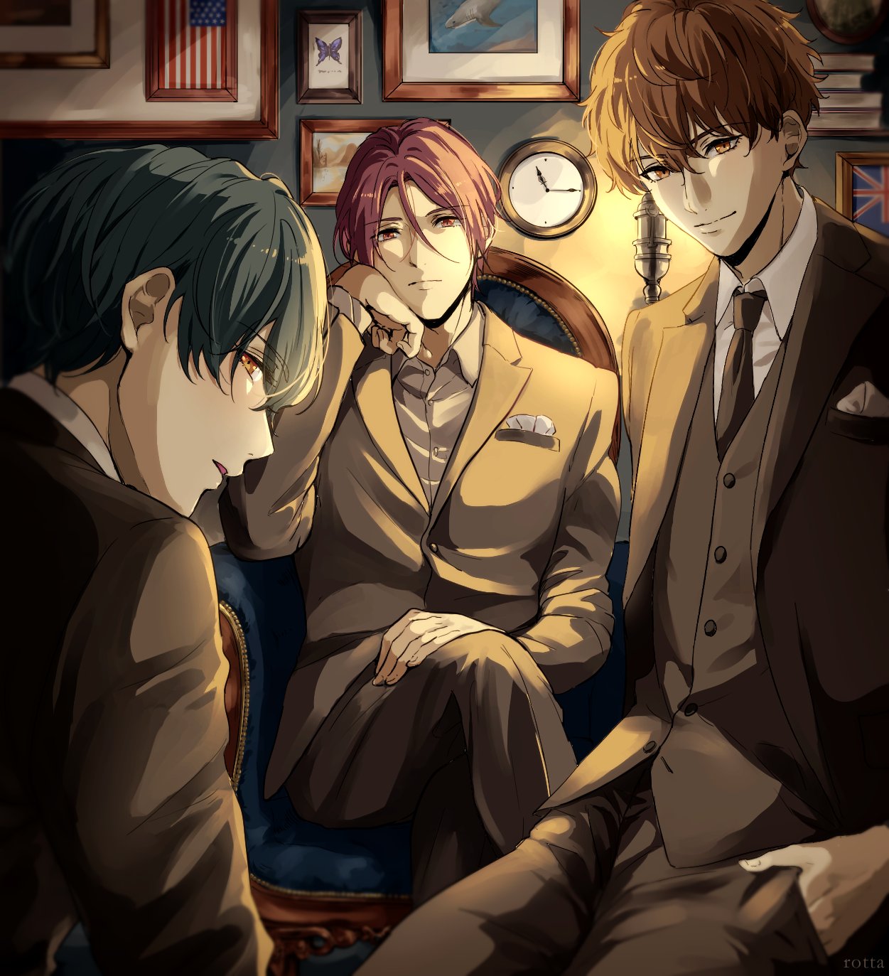 kirishima ikuya, kirishima natsuya, matsuoka rin, free!, highres, 3boys, american flag, black jacket, black necktie, black vest, brown eyes, brown hair, clock, closed mouth, crossed legs, formal clothes, hair between eyes, hand in pocket, jacket, long sleeves, male focus, multiple boys, necktie, picture frame, shaaark rotta03, shirt, short hair, sitting, suit, union jack, vest, white shirt