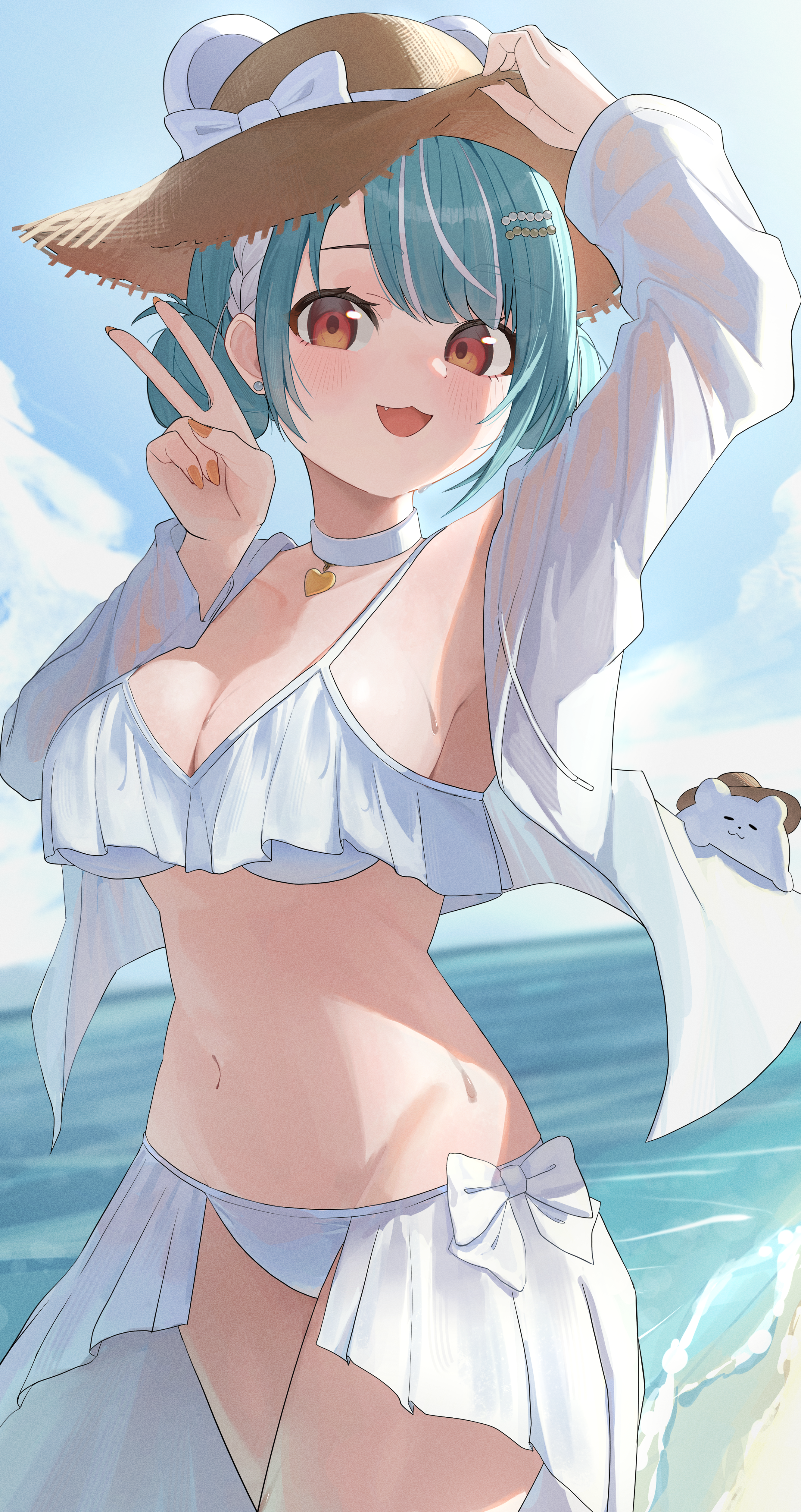 ronununn, shiranami ramune, vspo!, absurdres, commentary request, highres, 1girl, :3, aqua hair, arm up, bikini, bikini skirt, breasts, choker, cleavage, cowboy shot, fang, frilled bikini, frills, hair bun, hair ornament, hairclip, hand on headwear, hat, jacket, large breasts, looking at viewer, multicolored hair, nail polish, navel, open clothes, open jacket, open mouth, orange nails, outdoors, red eyes, short hair, smile, solo, straw hat, streaked hair, string bikini, swimsuit, v, virtual youtuber, wet, white bikini, white choker, white jacket