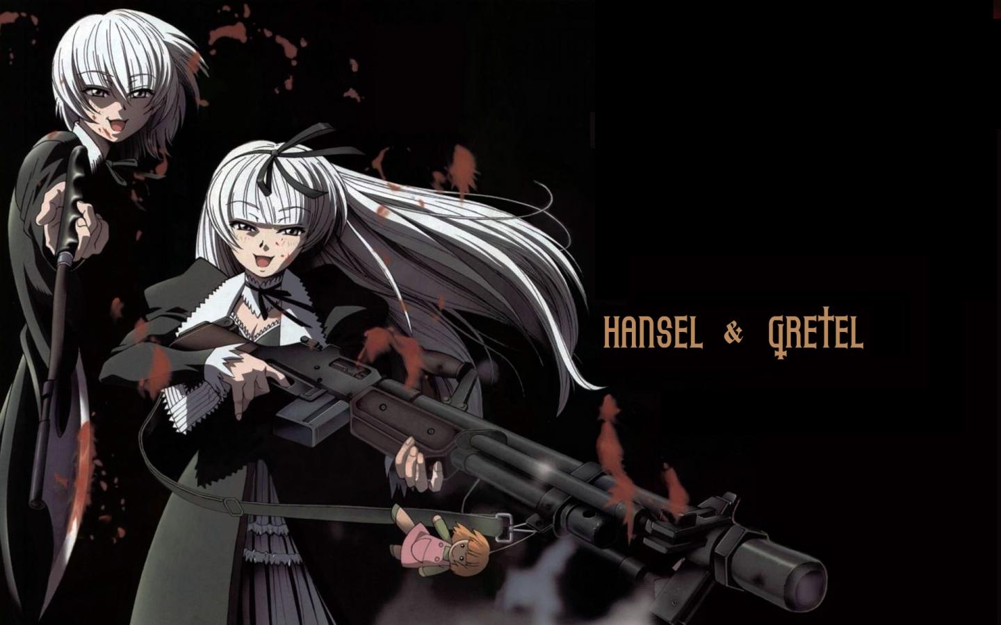 shino masanori, gretel (black lagoon), hansel (black lagoon), black lagoon, jpeg artifacts, official art, official wallpaper, 00s, 1boy, 1girl, :d, androgynous, axe, black background, blood, blue eyes, blunt bangs, blush, breasts, character name, cleavage, detached collar, doll, dress, dual persona, foreshortening, frills, gothic lolita, gun, hair ribbon, hairband, huge weapon, lace, light machine gun, lolita fashion, long hair, looking at viewer, m1918 bar, machine gun, naughty face, neck ribbon, open mouth, reverse trap, ribbon, rifle, siblings, simple background, smile, smoke, standing, strap, trap, twins, very long hair, weapon, white hair, wind