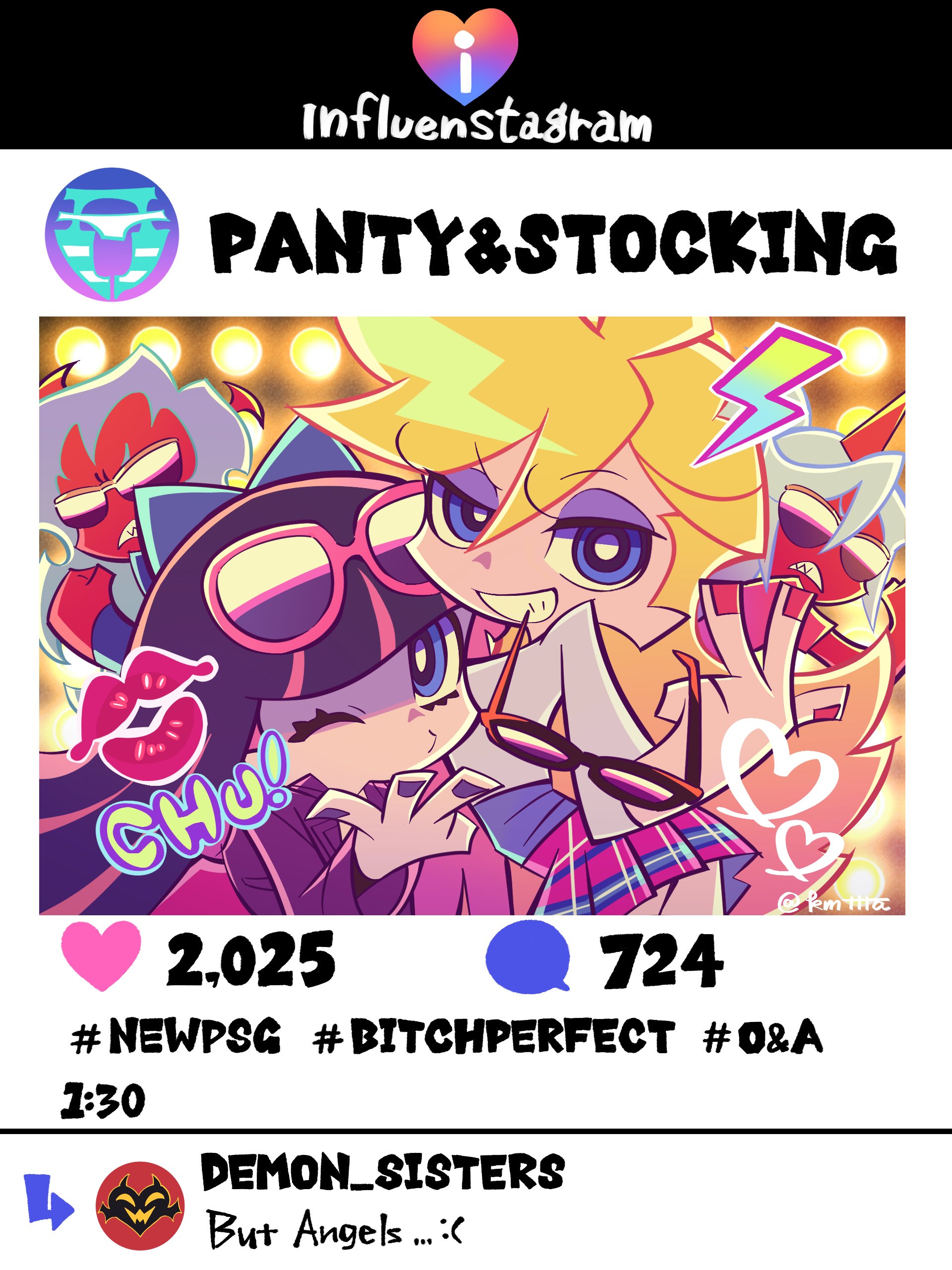 kmttta, piko han, kneesocks (psg), panty (psg), scanty (psg), stocking (psg), panty & stocking with garterbelt, social network, absurdres, highres, 4girls, angry, anime coloring, artist name, blonde hair, blue eyes, english text, green eyes, grey hair, laughing, multiple girls, purple eyes, social media composition, sweat