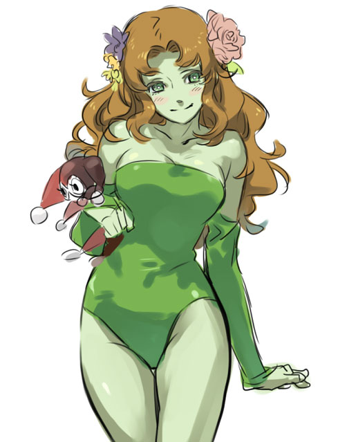 miyata souji, harley quinn, poison ivy, batman (series), dc comics, 1girl, animification, bare shoulders, blush, character doll, colored skin, detached sleeves, doll, female focus, flower, green skin, grey eyes, hair flower, hair ornament, leotard, long hair, monster girl, orange hair, plant girl, red hair, sketch, smile, solo