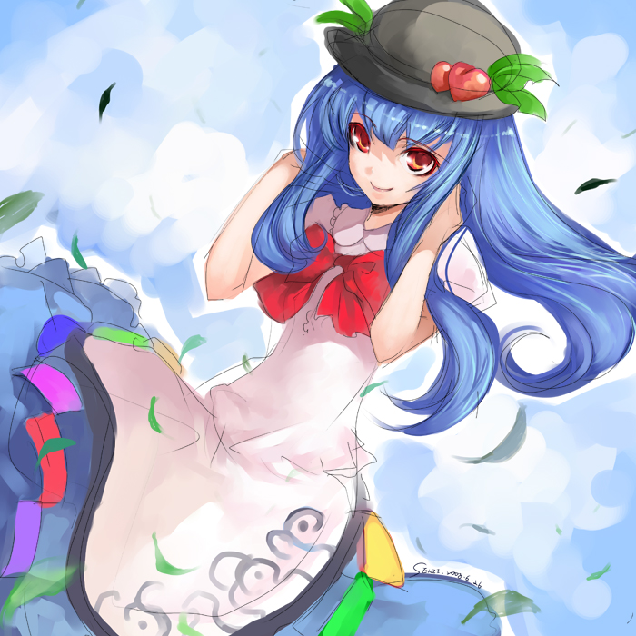 senza, senzi, hinanawi tenshi, touhou, 1girl, blue hair, female focus, food, fruit, hat, long hair, orange eyes, outdoors, peach, ribbon, sky, solo