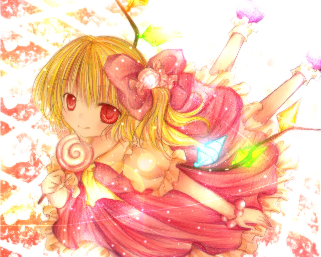 kasuga sunao, flandre scarlet, touhou, bad id, bad pixiv id, 1girl, blonde hair, candy, collared shirt, female focus, food, ponytail, shirt, solo, tongue, white background, wings