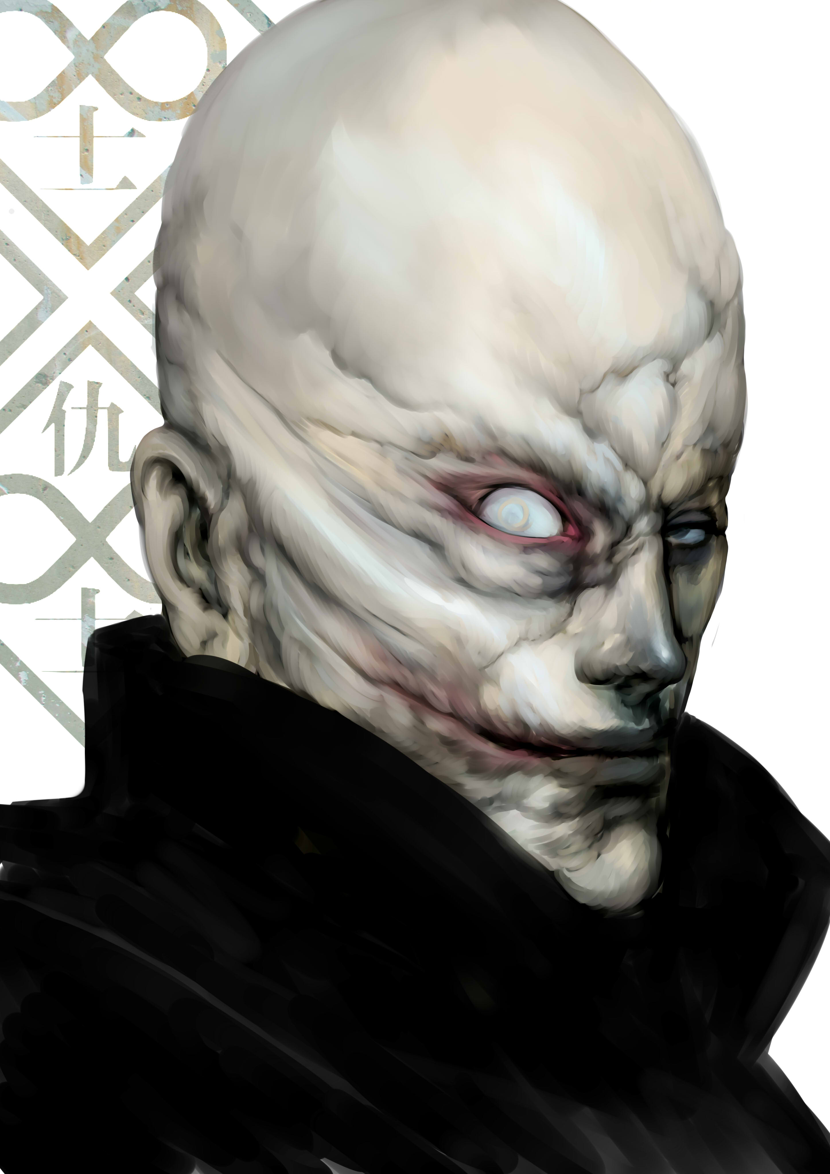 witnesstheabsurd, gouda kazundo, ghost in the shell, absurdres, highres, 1boy, black coat, coat, colored skin, disfigured, large forehead, light smile, male focus, portrait, scar, scar on face, single blank eye, solo, white skin
