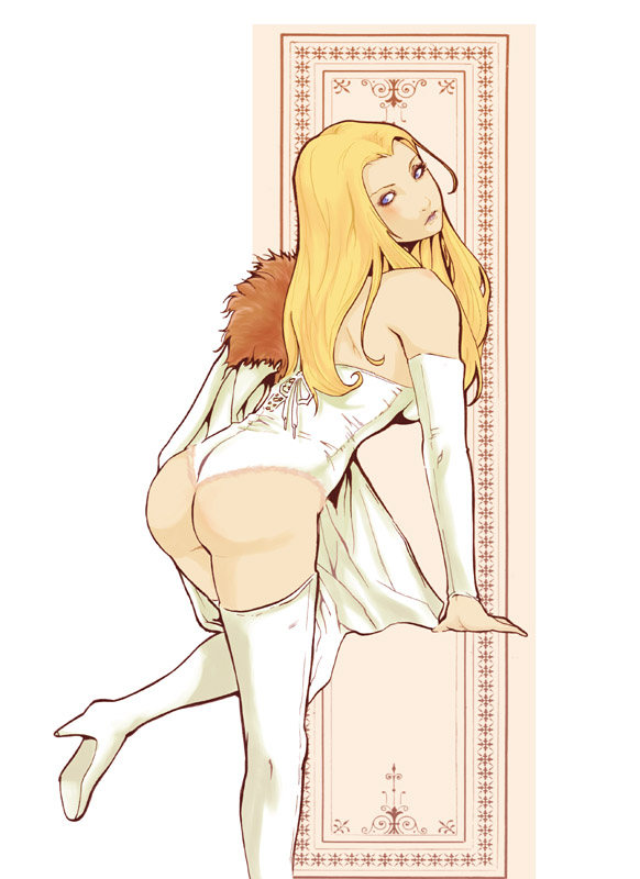 okazuwa shake, emma frost, marvel, x-men, bad id, bad pixiv id, 1girl, animification, ass, bare shoulders, bent over, blonde hair, blue eyes, boots, cape, corset, detached sleeves, female focus, high heels, lingerie, long hair, looking back, shoes, solo, thigh boots, thighhighs, underwear